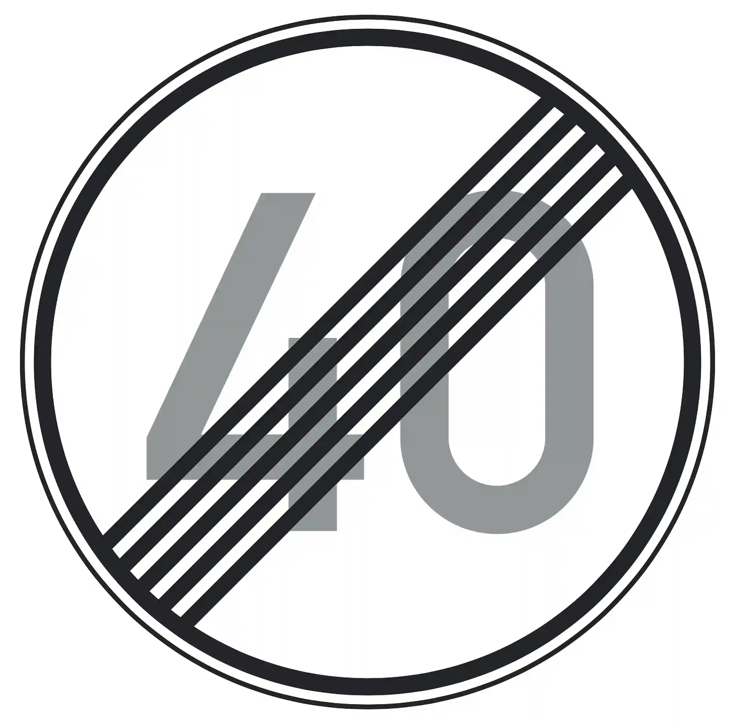 Verkehrszeichen 278-40: Rundschild, durchgestrichene „40“ – Ende der Höchstgeschwindigkeit 40 km/h.