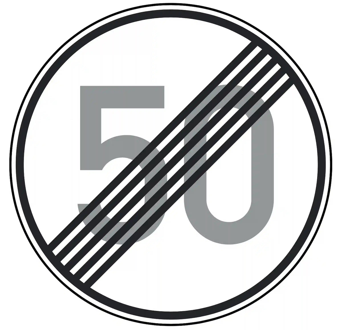 Verkehrszeichen 278-50: Rundschild, durchgestrichene „50“ – Ende der Höchstgeschwindigkeit 50 km/h.