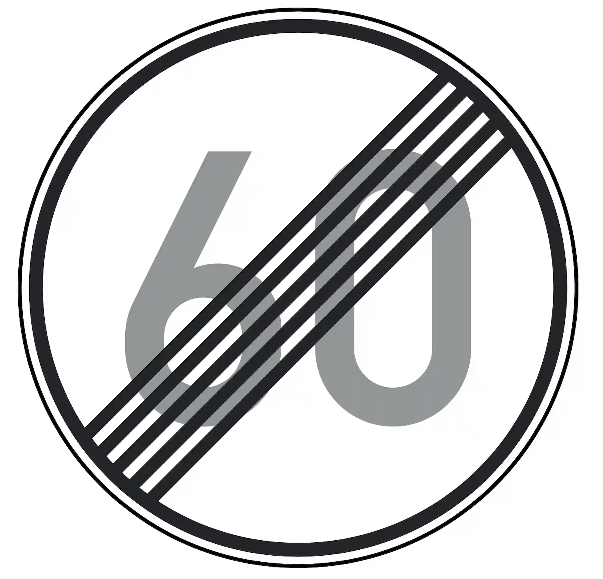 Verkehrszeichen 278-60: Rundschild, durchgestrichene „60“ – Ende der Höchstgeschwindigkeit 60 km/h.
