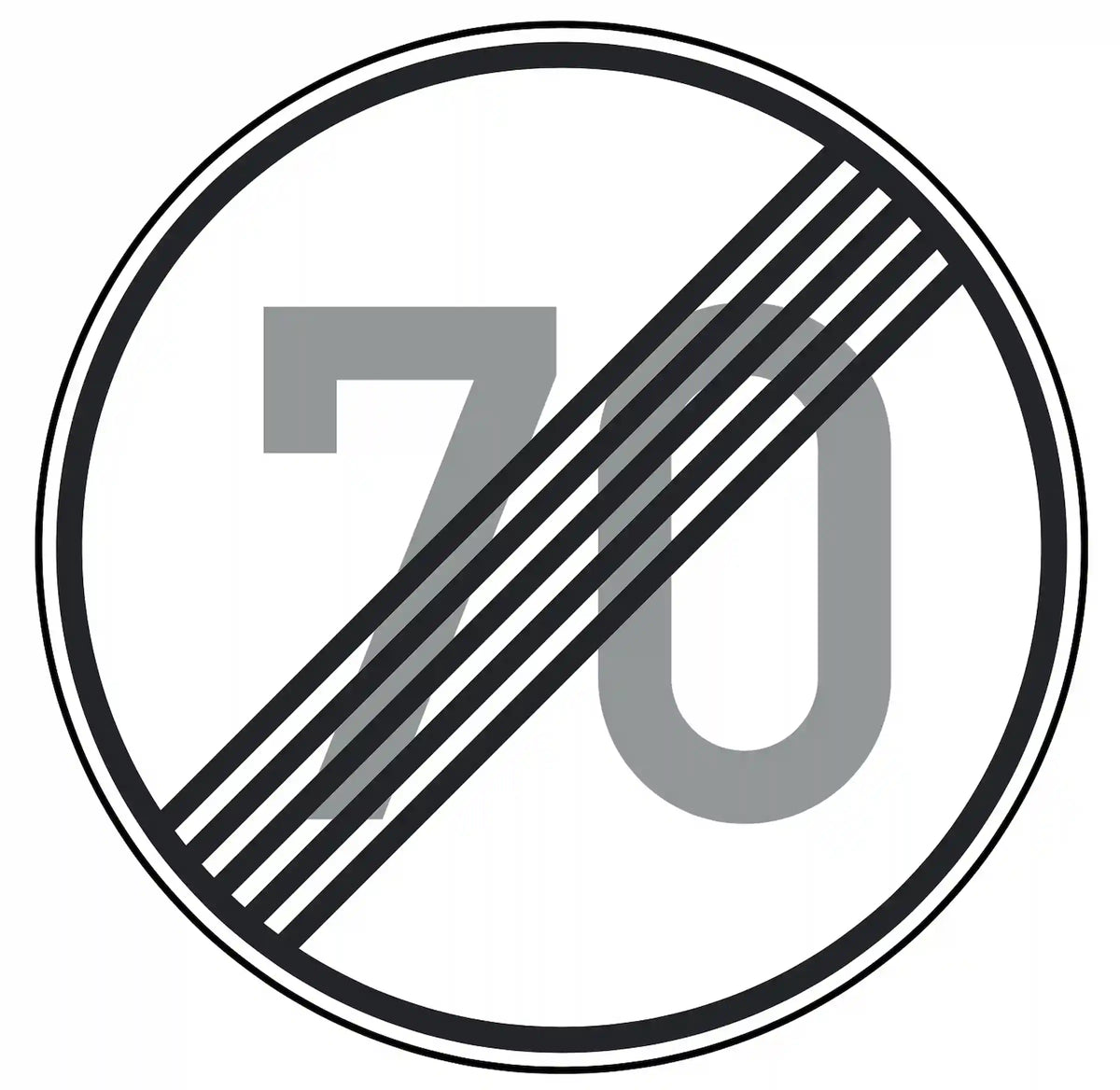 Verkehrszeichen 278-70: Rundschild, durchgestrichene „70“ – Ende der Höchstgeschwindigkeit 70 km/h.