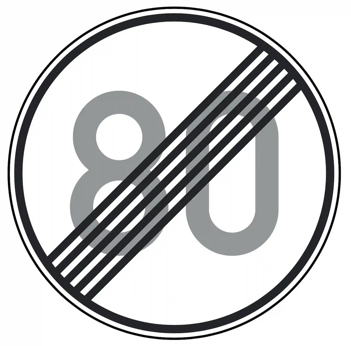 Verkehrszeichen 278-80: Rundschild, durchgestrichene „80“ – Ende der Höchstgeschwindigkeit 80 km/h.