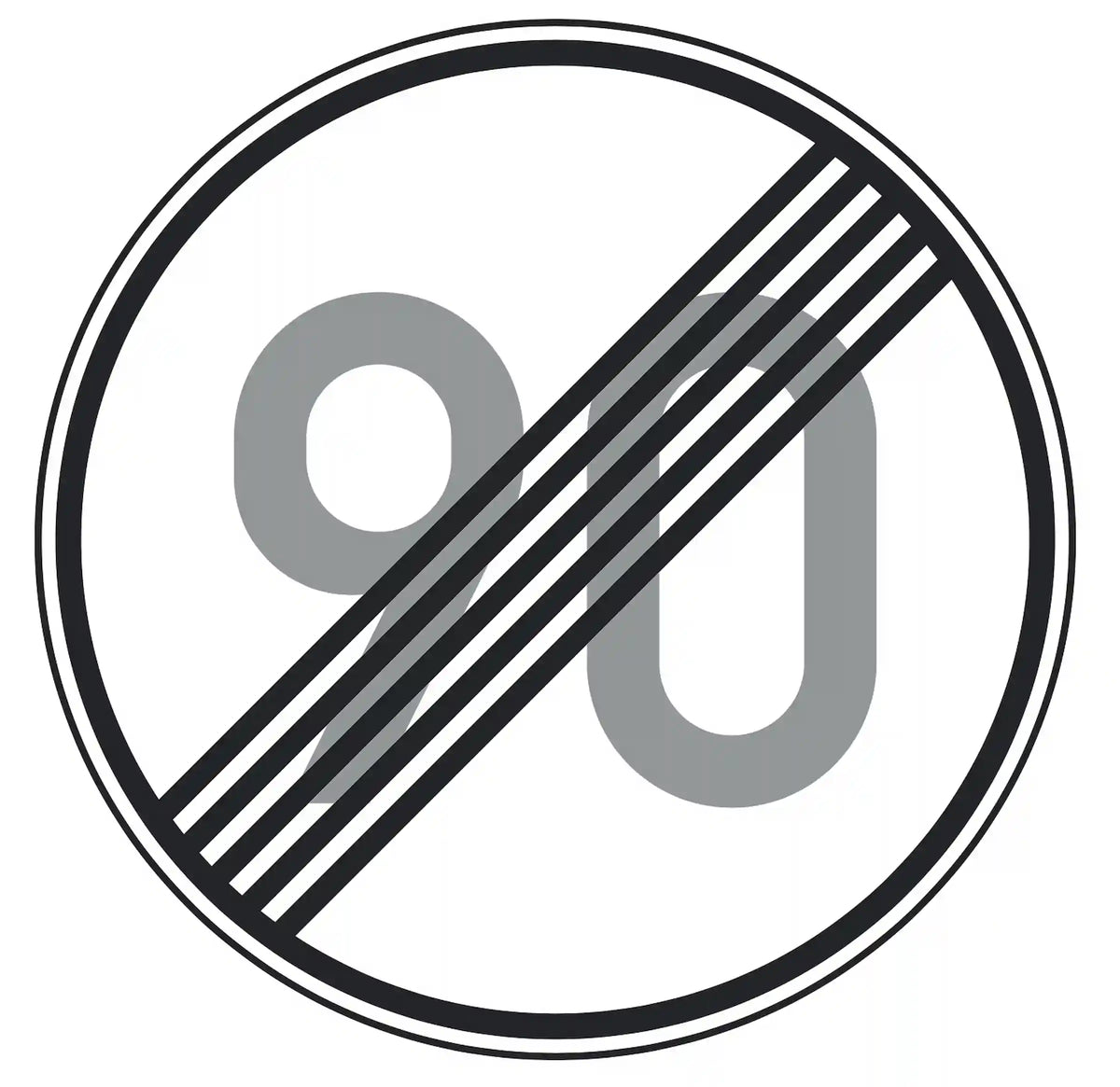 Verkehrszeichen 278-90: Rundschild, durchgestrichene „90“ – Ende der Höchstgeschwindigkeit 90 km/h.“