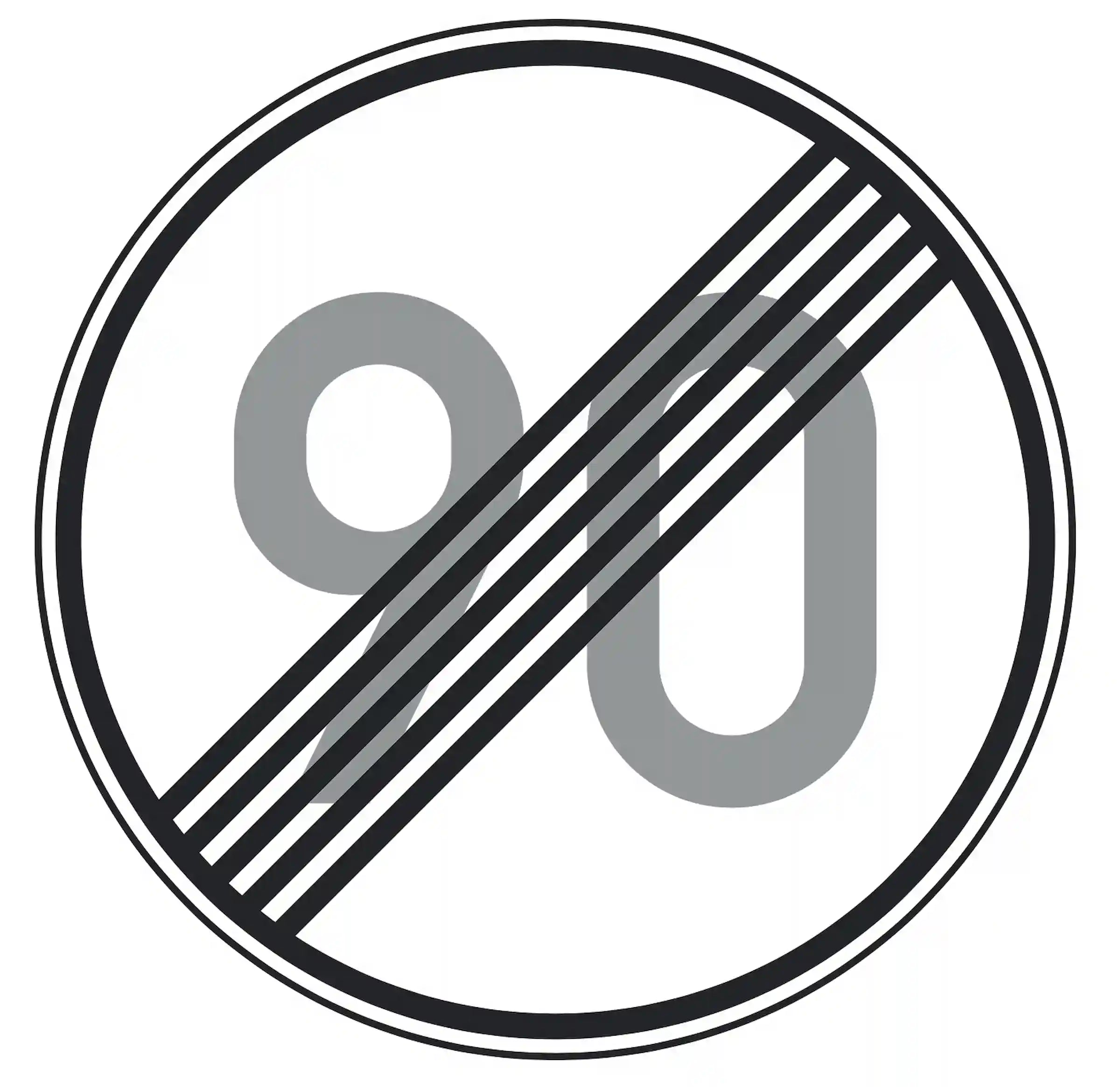 Verkehrszeichen 278-90: Rundschild, durchgestrichene „90“ – Ende der Höchstgeschwindigkeit 90 km/h.“