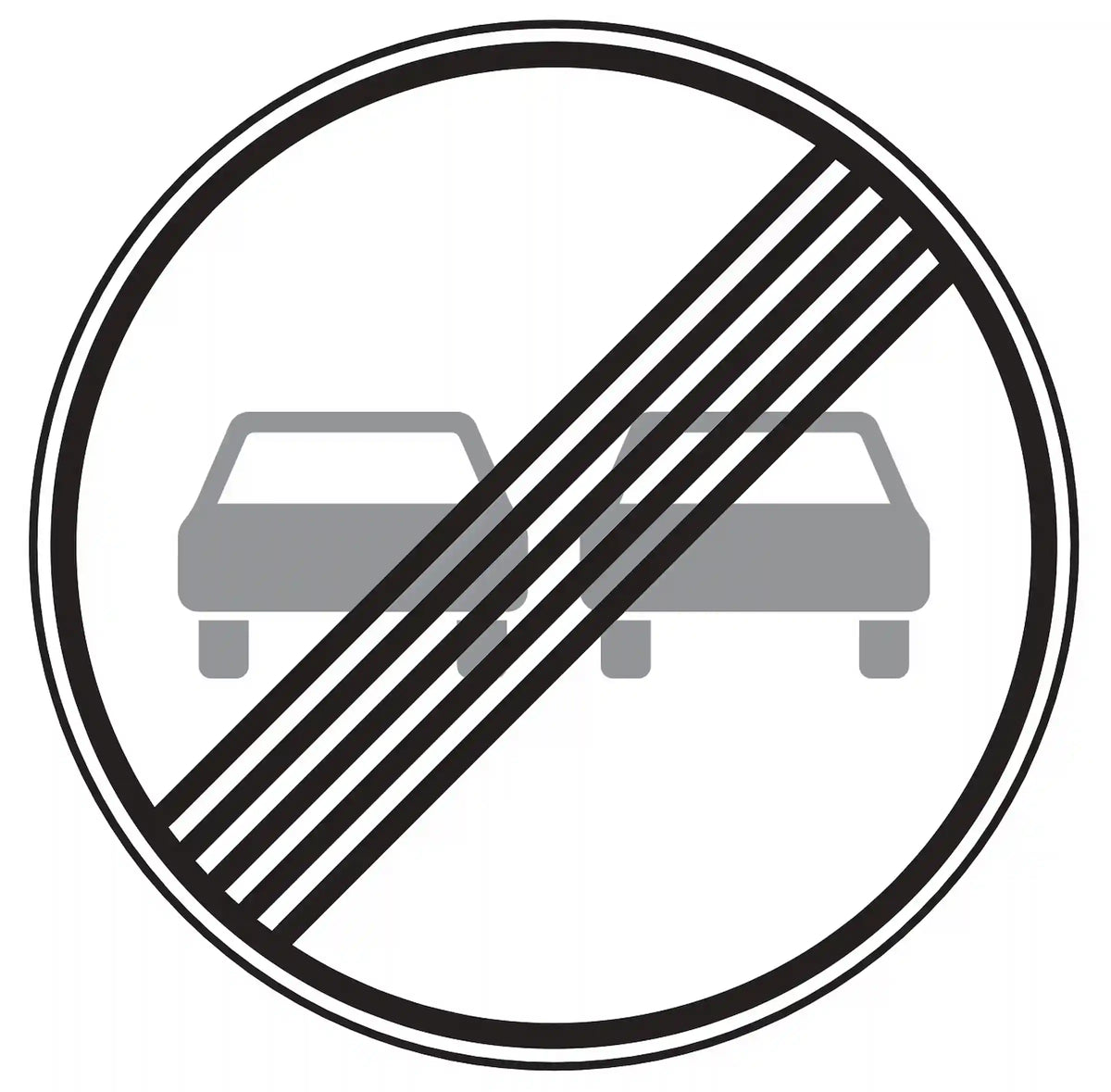 Verkehrszeichen 280: rundes Schild, zwei graue Pkw unter Schrägstreifen – Ende Überholverbot.