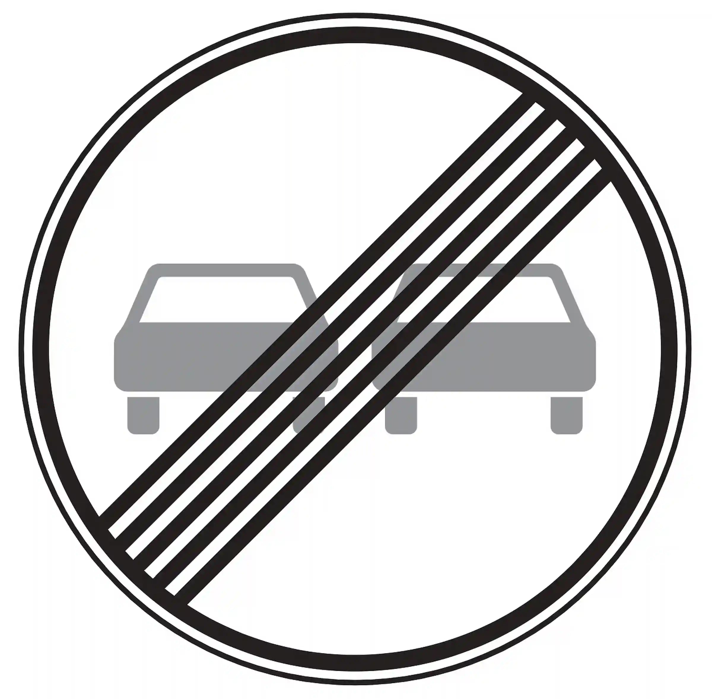 Verkehrszeichen 280: rundes Schild, zwei graue Pkw unter Schrägstreifen – Ende Überholverbot.