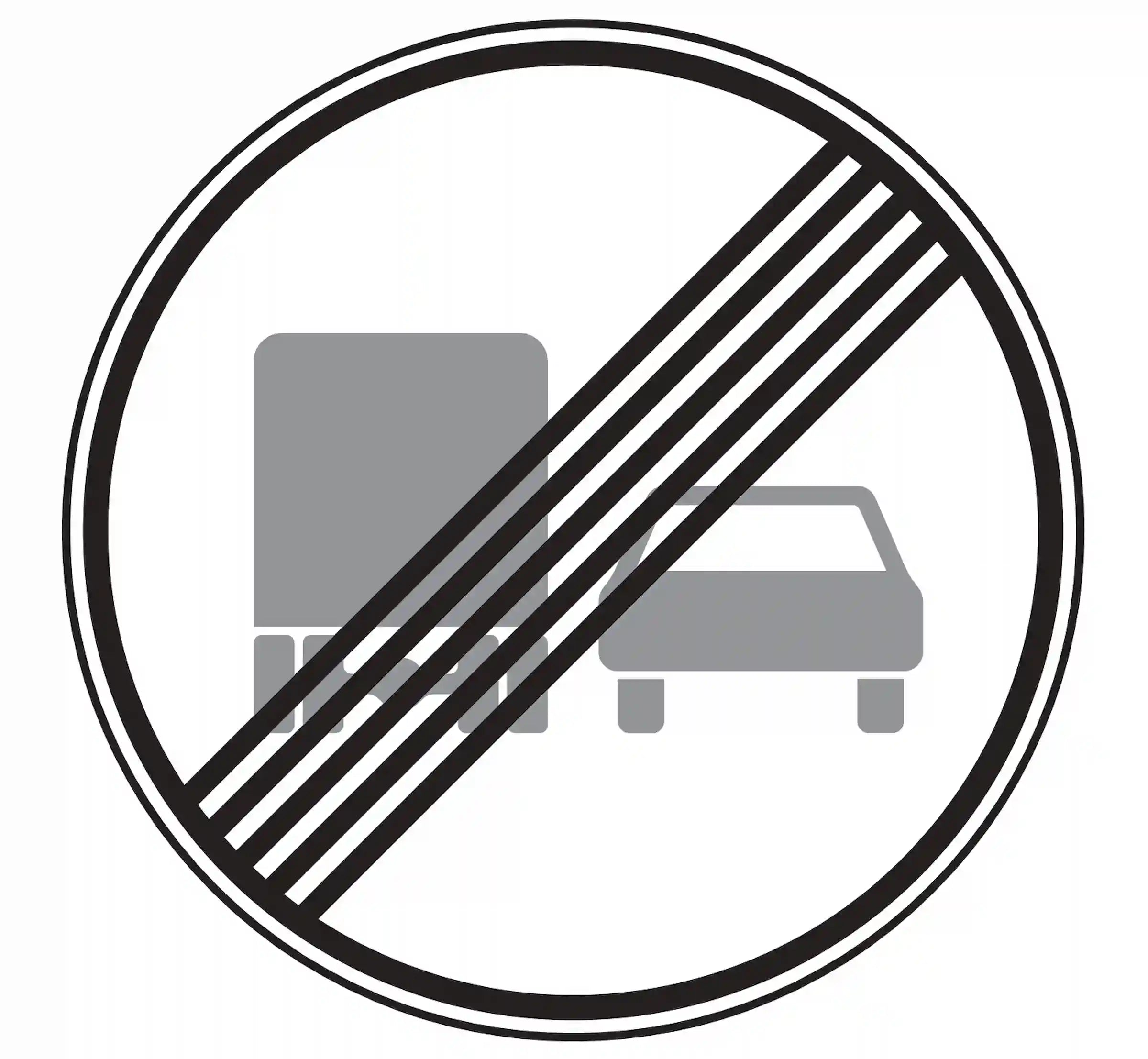 Verkehrszeichen 281: rundes Schild, zwei graue Lkw unter Schrägstreifen – Ende Überholverbot für > 3,5 t.