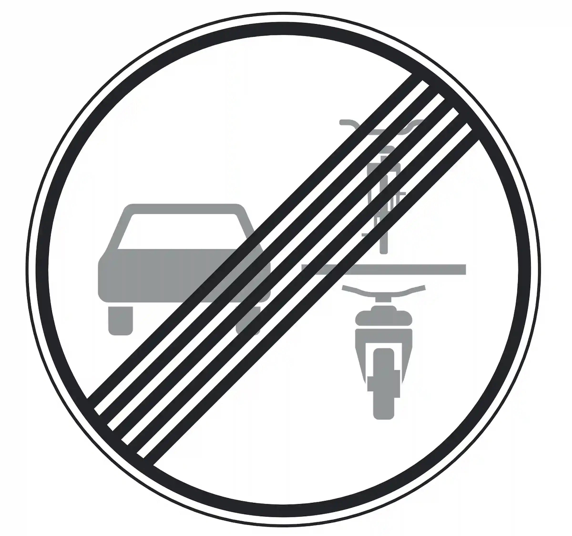 Verkehrszeichen 281.1: graues Auto & Fahrrad unter Schrägstreifen – Ende Überholverbot gegenüber Einspurigen.