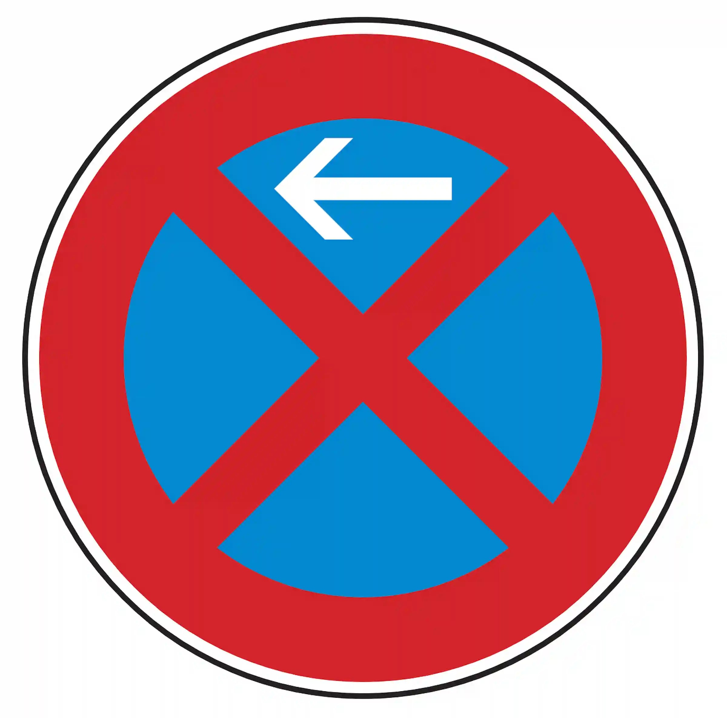 Verkehrszeichen 283-10: blaues Rundschild, rotes Kreuz + weißer Pfeil nach rechts – Beginn absolutes Haltverbot rechts.
