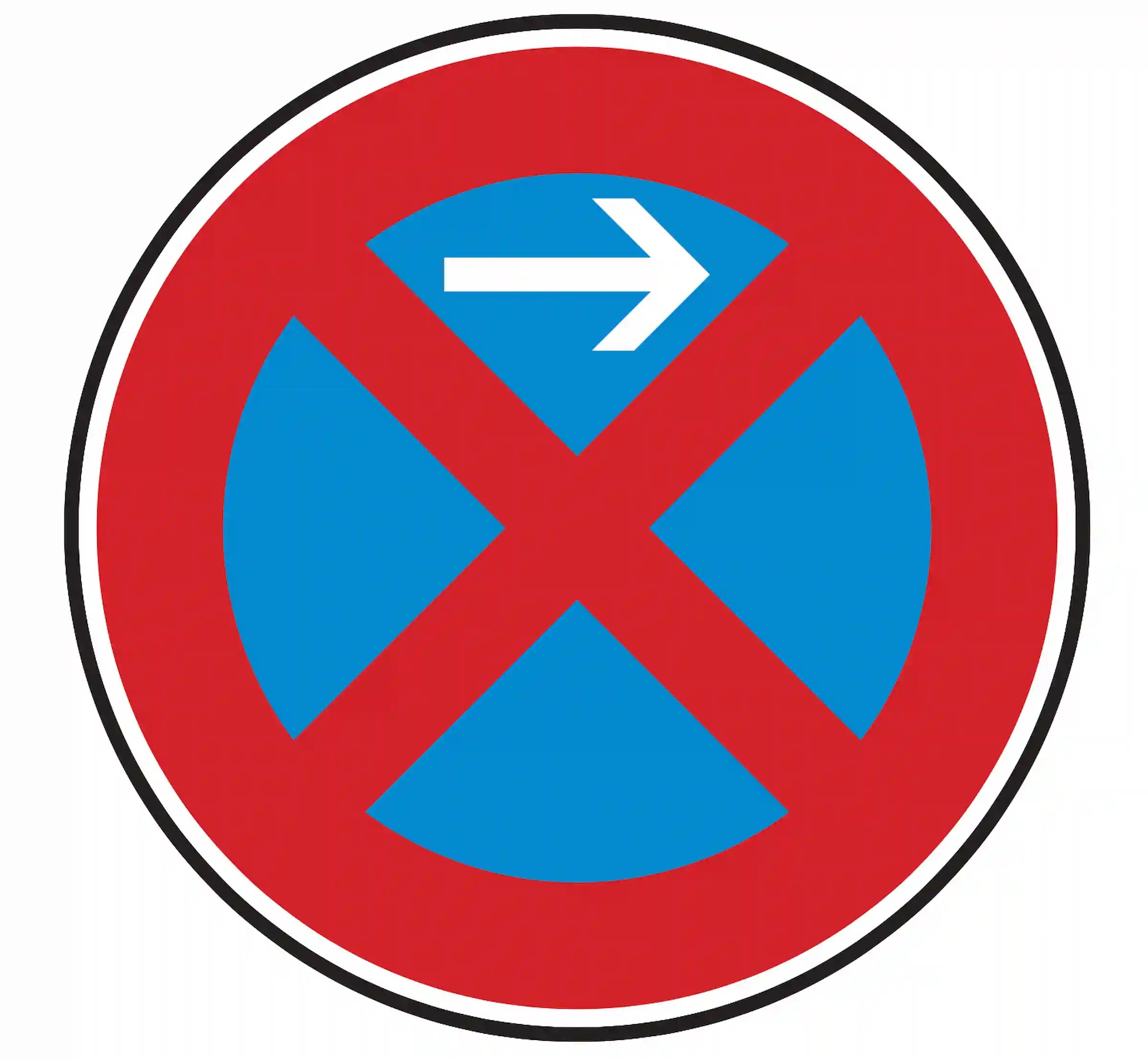 VZ 283-21: blaues Haltverbot, Pfeil nach rechts – Beginn absolutes Haltverbot links.