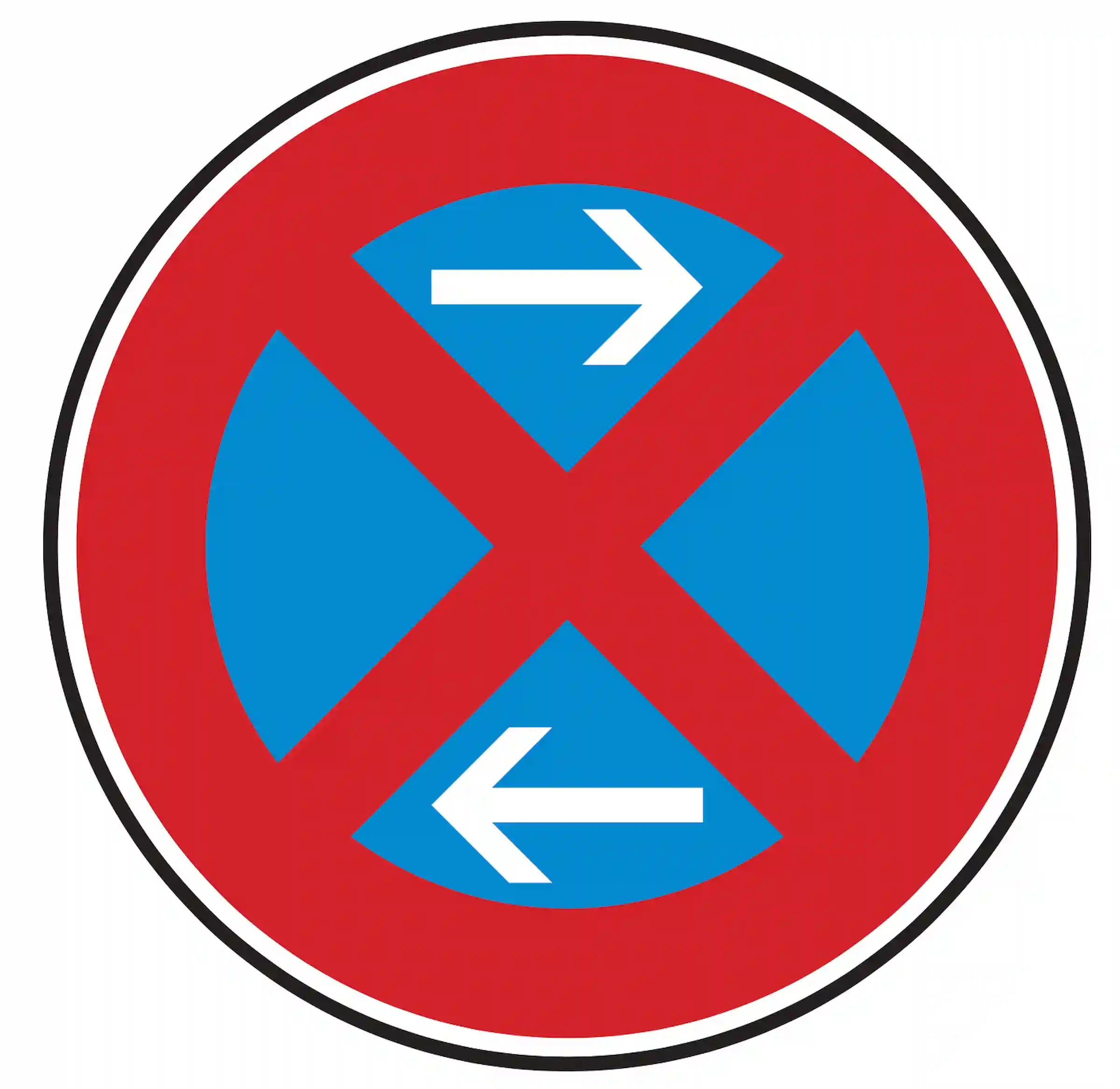 VZ 283-31: blaues Haltverbot-Schild mit zwei weißen Pfeilen – Mitte der Halteverbotszone (links).