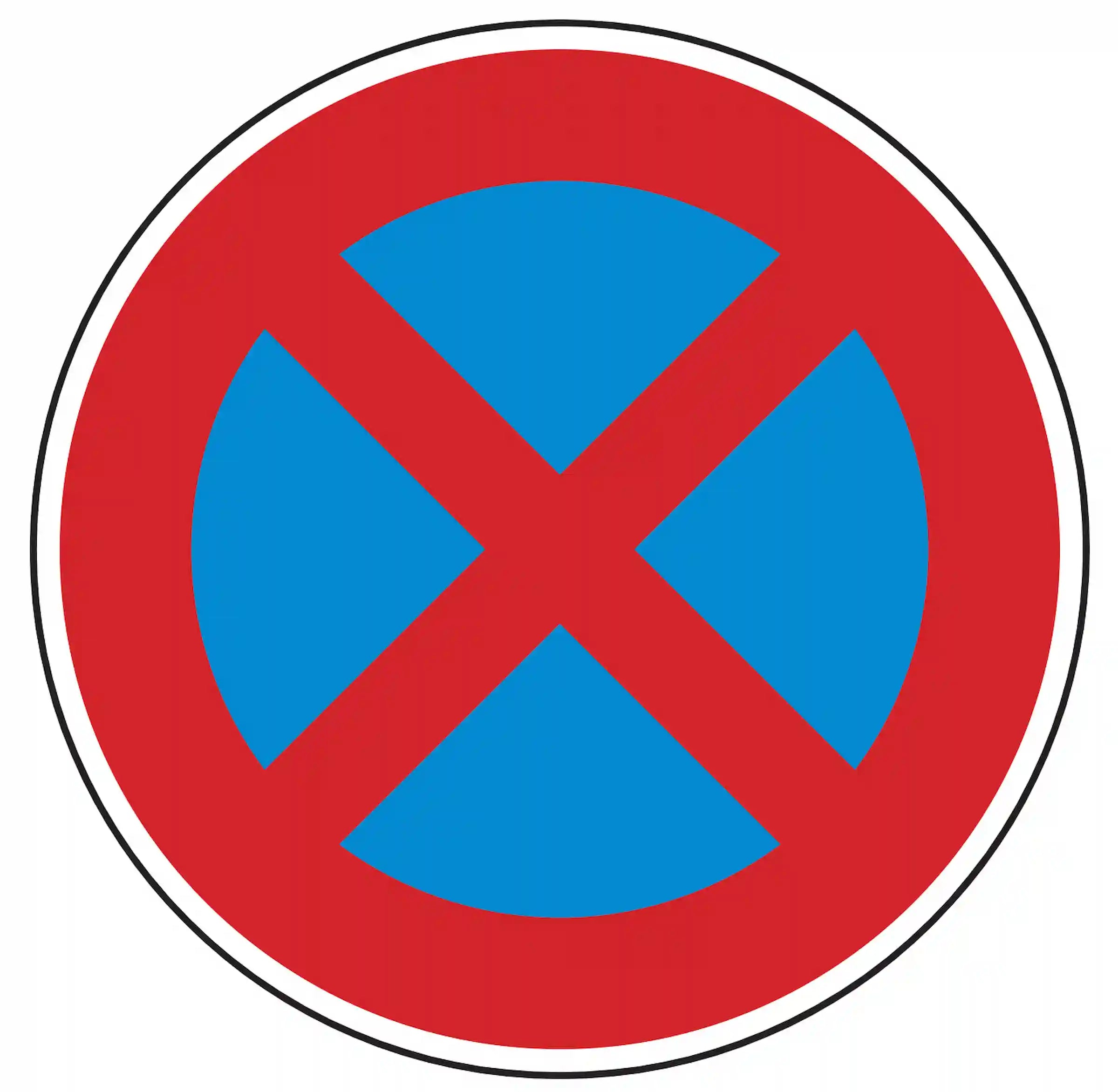 Verkehrszeichen 283: blaues Rundschild, rotes Kreuz – absolutes Haltverbot auf dieser Straßenseite.