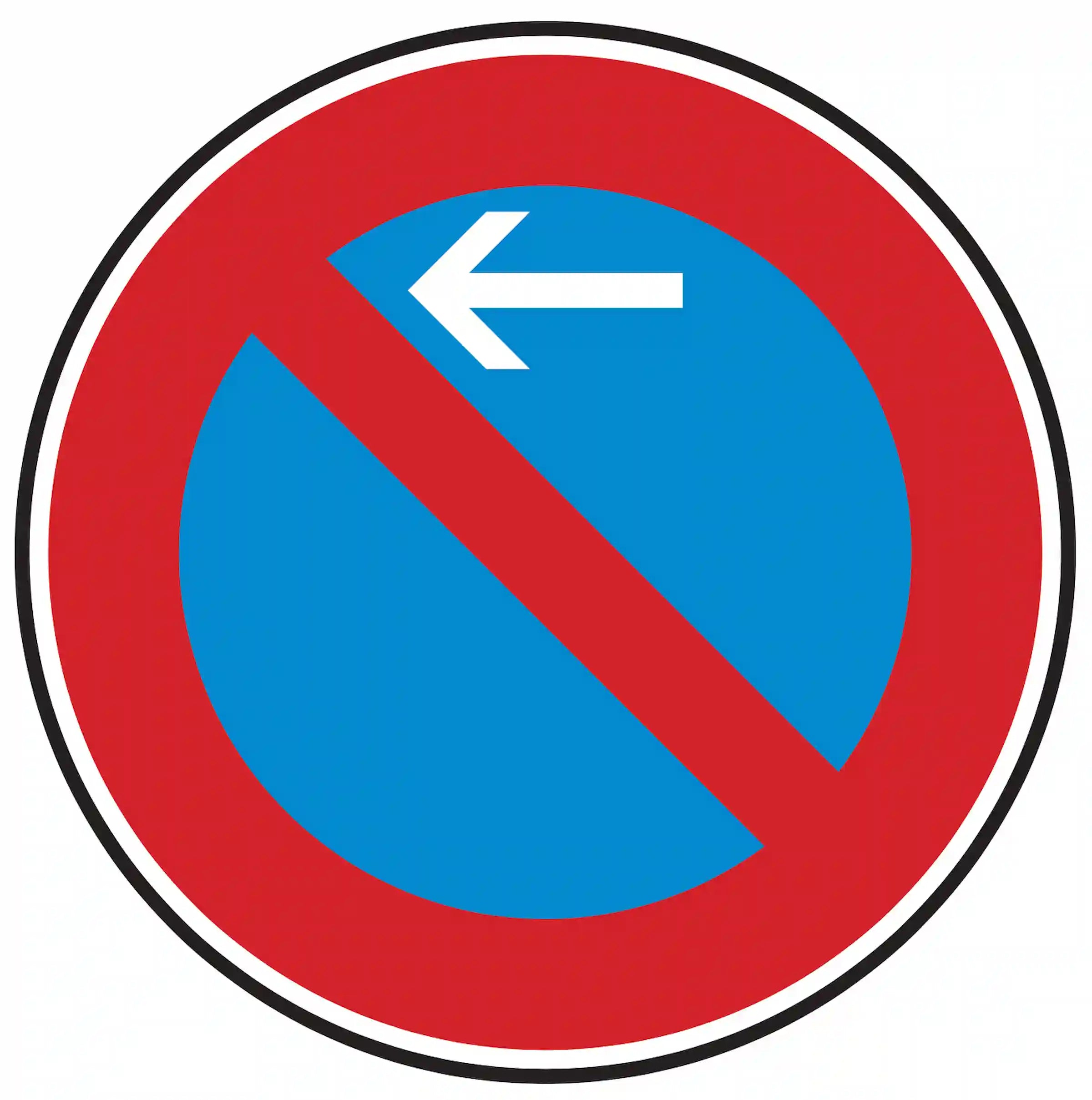 VZ 286-10: blaues Schild mit rotem Strich, Pfeil zur Fahrbahn – Beginn eingeschränktes Haltverbot (rechts).