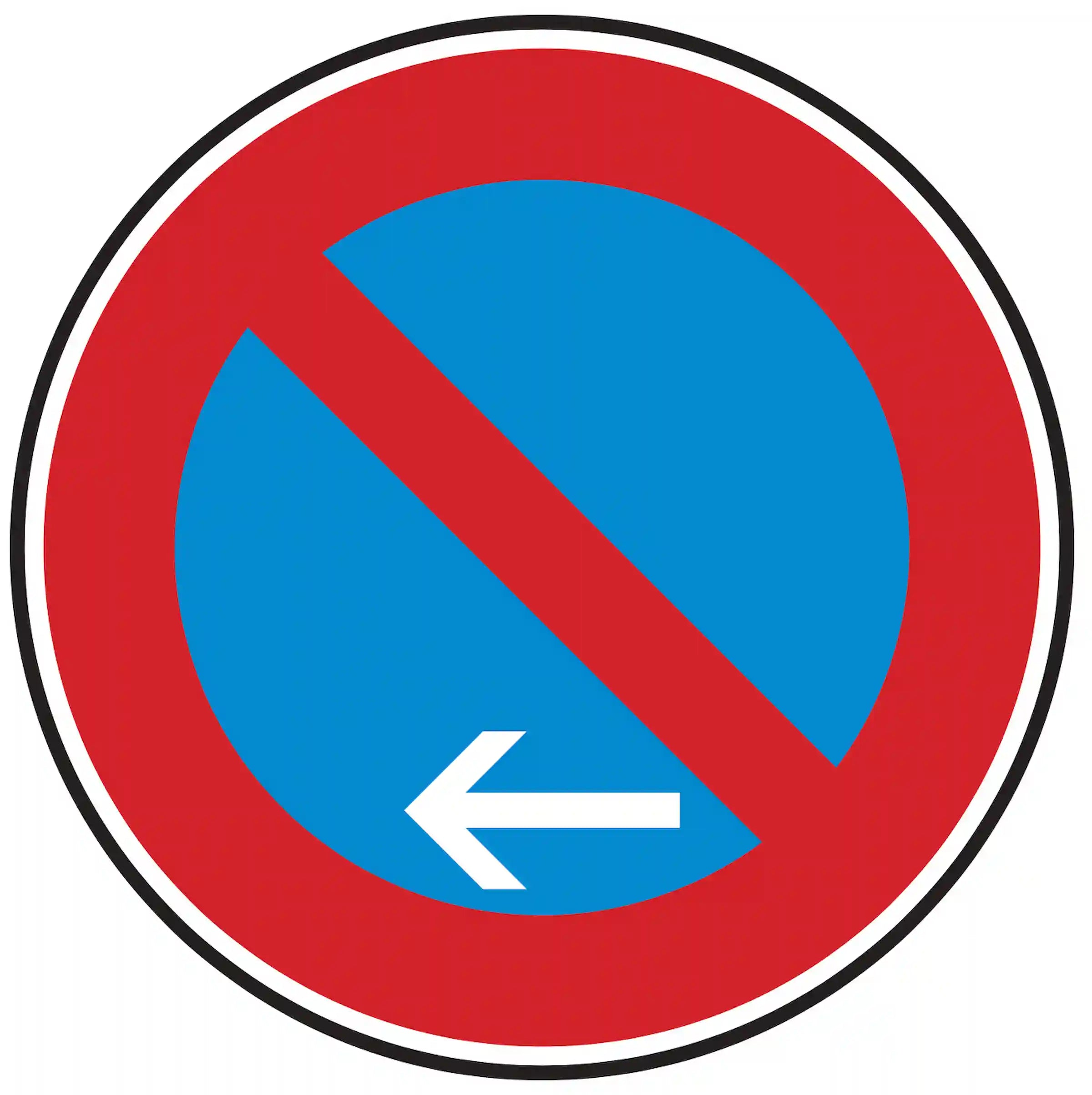 VZ 286-11: blaues Schild, roter Strich, Pfeil nach außen – Ende eingeschränktes Haltverbot links.