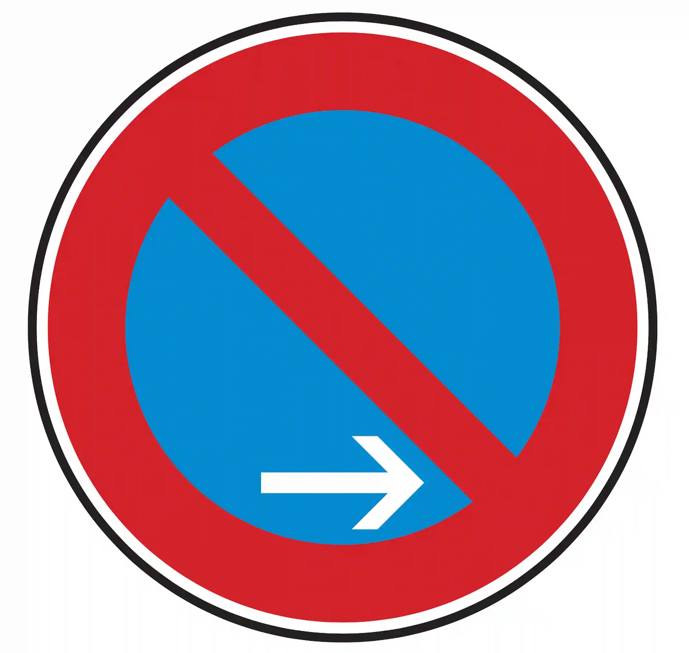 Verkehrszeichen 286-20: blaues Schild, roter Strich, Pfeil nach rechts außen – Ende eingeschränktes Haltverbot.