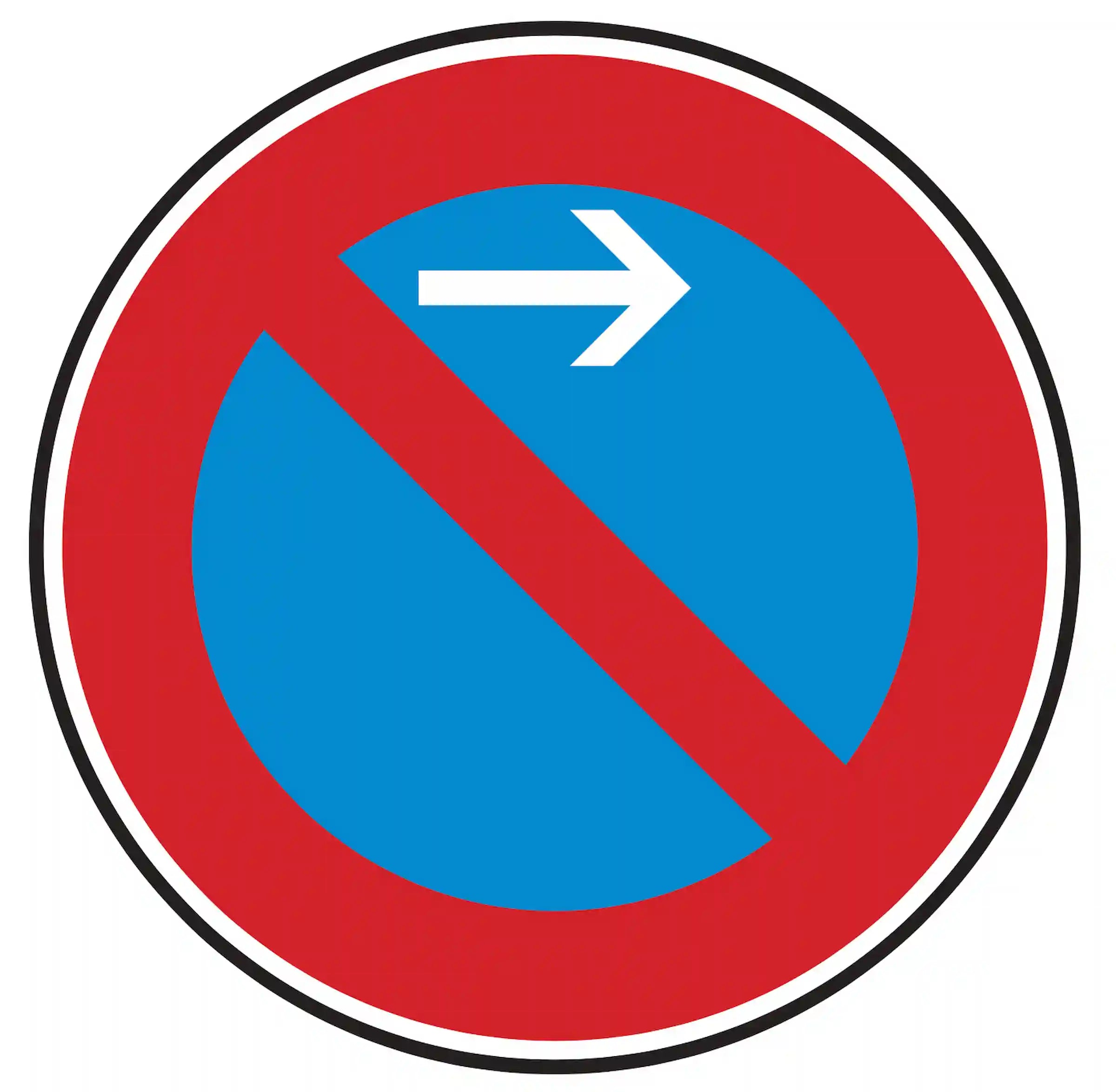 VZ 286-21: blaues Schild, roter Strich, Pfeil zur Fahrbahn – Beginn eingeschränktes Haltverbot links.