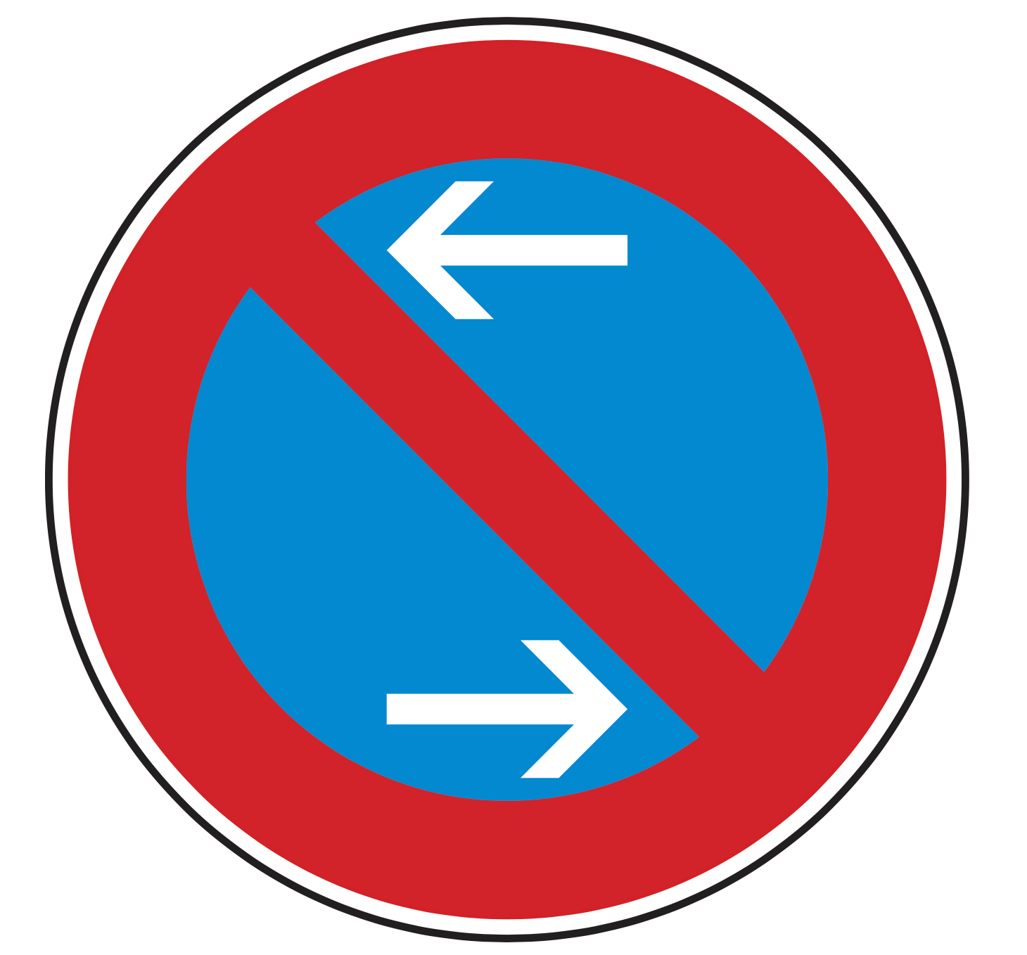 Verkehrszeichen 286-30: blaues Schild, roter Schrägstrich, zwei weiße Pfeile – Mitte des eingeschränkten Haltverbots (rechts).