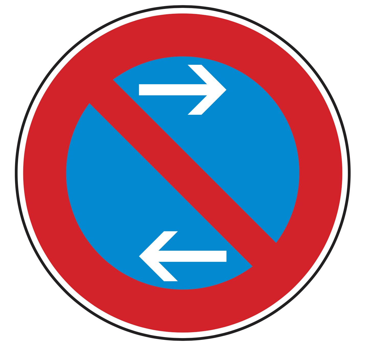 VZ 286-31: blaues Schild, roter Schrägstrich, zwei Pfeile – Mitte eingeschränktes Haltverbot (links).