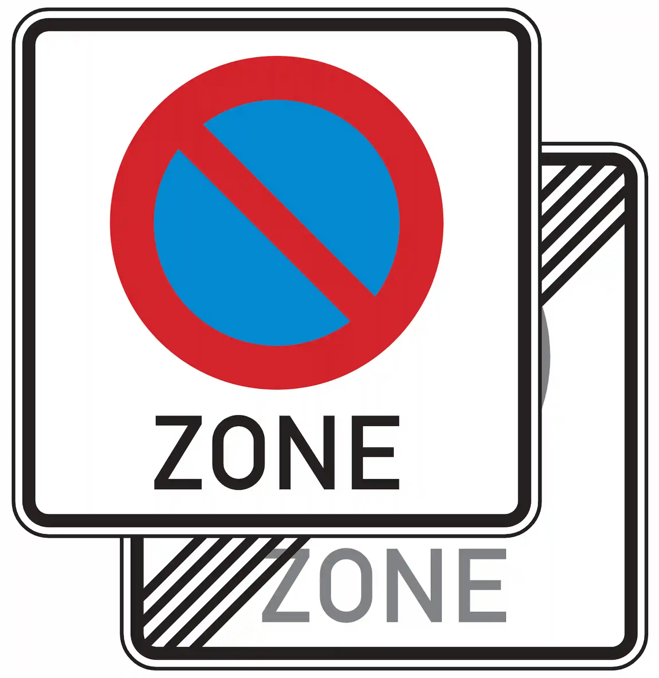 Verkehrszeichen 290.1-40: doppelseitiges weißes Quadrat mit rotem Schrägstrich und „3 min“ – Beginn/Ende eingeschränkter Haltverbotszone.