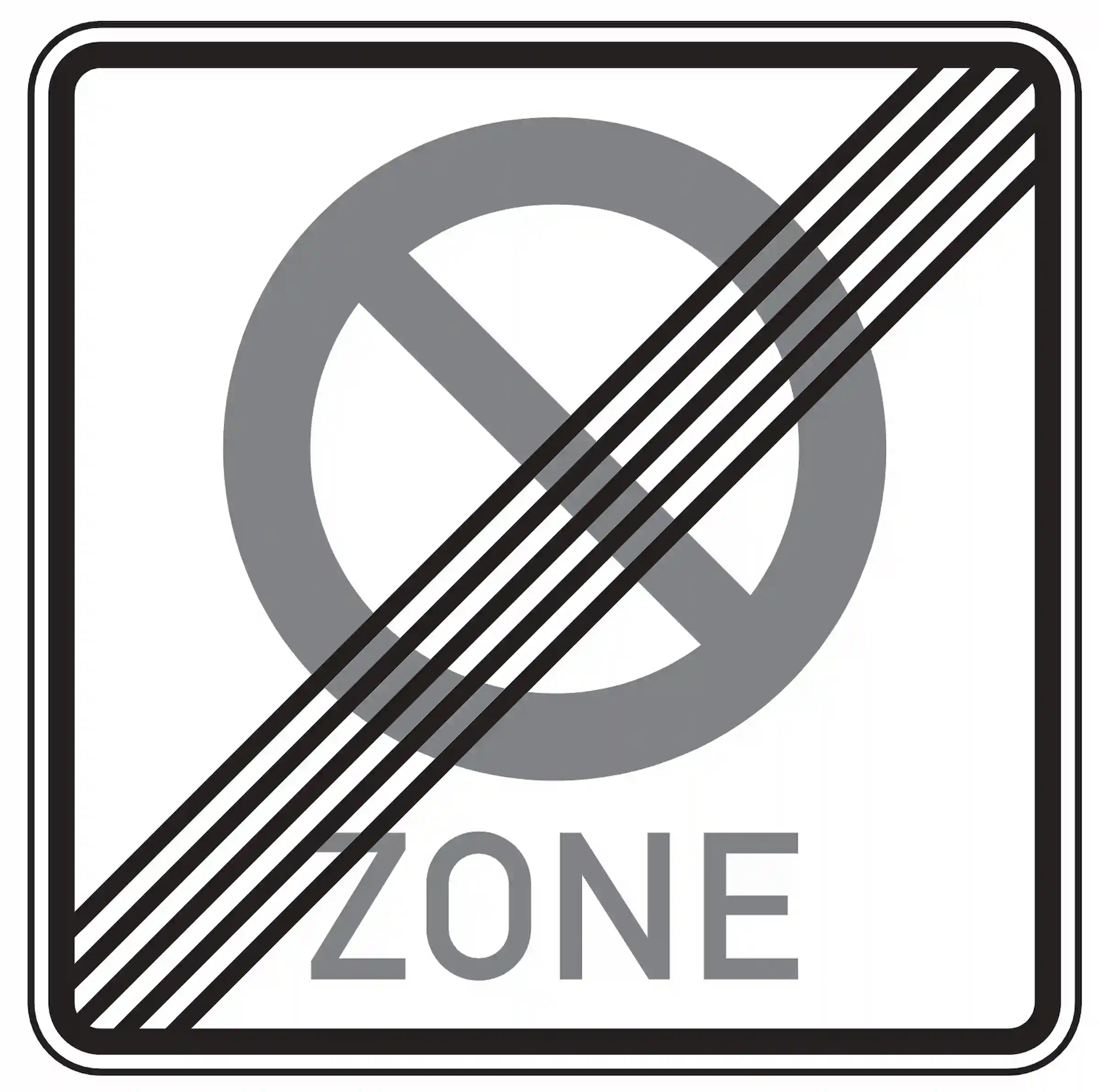 Verkehrszeichen 290.2: weißes Quadrat mit rotem Diagonalstrich und durchgestrichenem „3 min“ – Ende der 3-Minuten-Haltezone.