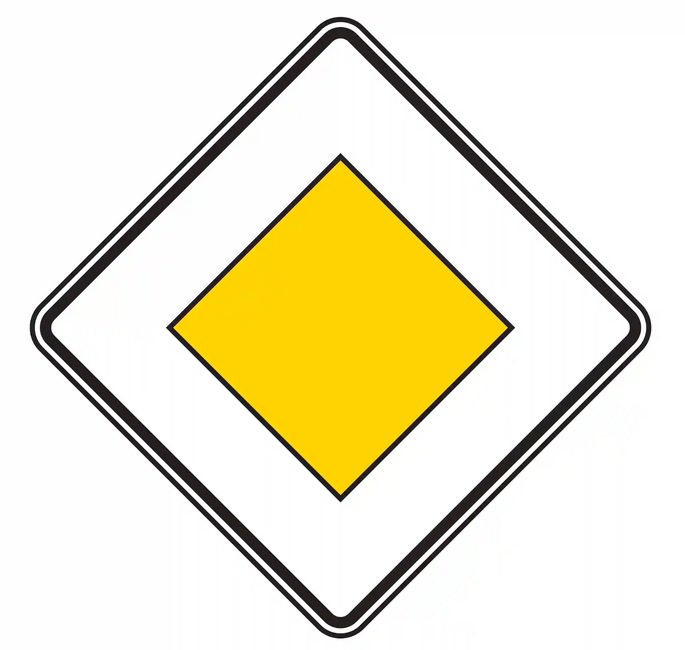 Verkehrszeichen 306 – gelbes, rautenförmiges Schild mit weißem Rand – kennzeichnet Beginn einer Vorfahrtstraße; regelt die Vorfahrt an Kreuzungen und Einmündungen bis zur Aufhebung durch andere Verkehrszeichen.