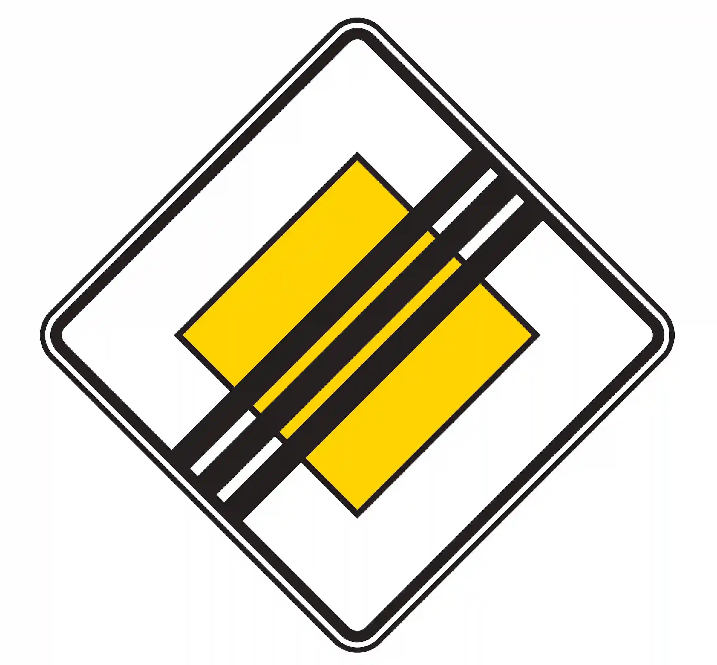 Verkehrszeichen 307 – durchgestrichenes gelbes Rautenschild mit weißem Rand – signalisiert das Ende der Vorfahrtstraße; ab hier gilt in der Regel die Rechts-vor-Links-Regel, sofern keine andere Regelung besteht.