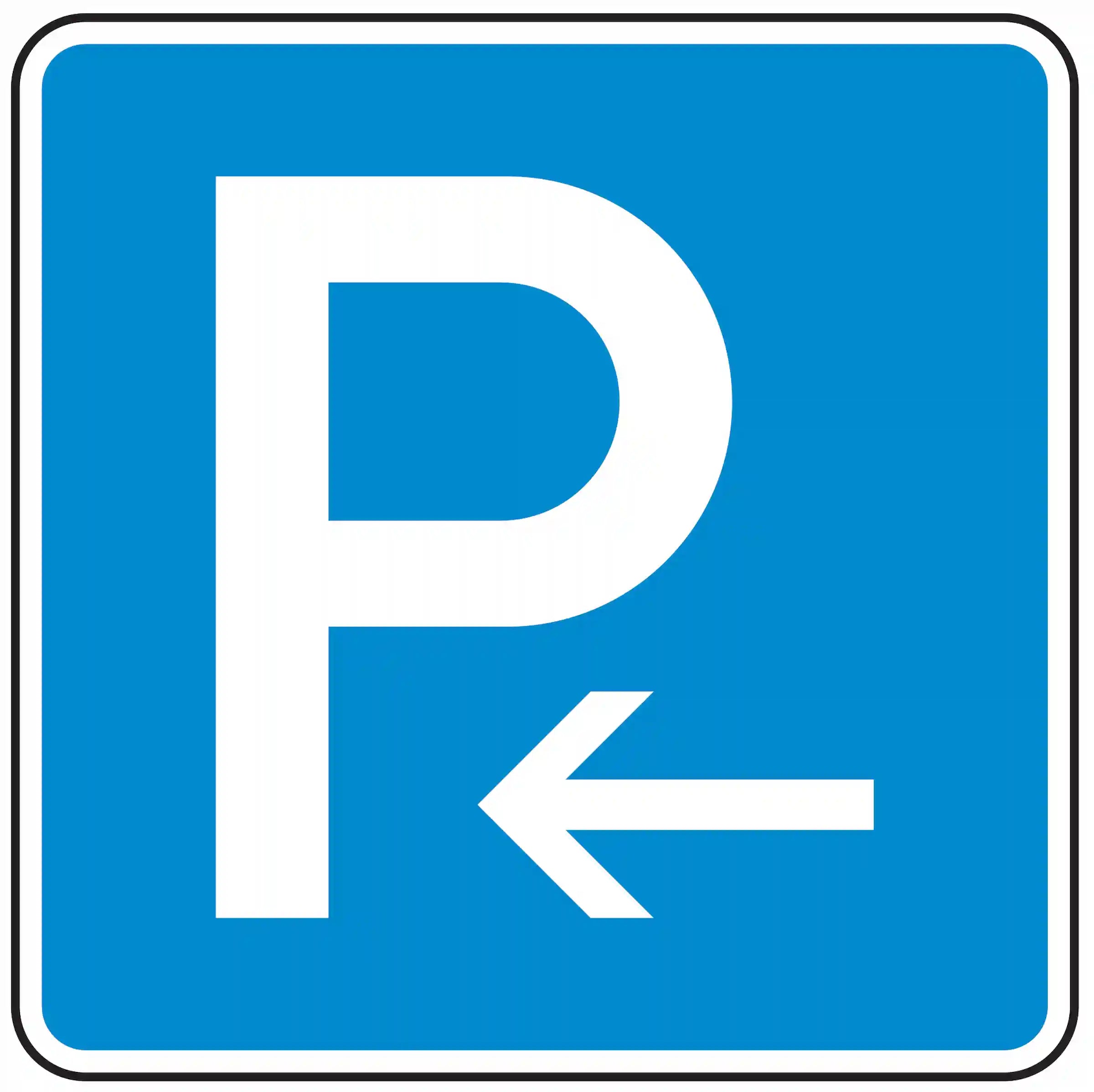 Verkehrszeichen 314-10 – weißes P auf blauem Grund mit Pfeil nach rechts oder links – kennzeichnet Beginn oder Ende einer Parkzone; mögliche Einschränkungen durch Zusatzzeichen, etwa nach Parkdauer, Fahrzeugart oder Parkausweis.