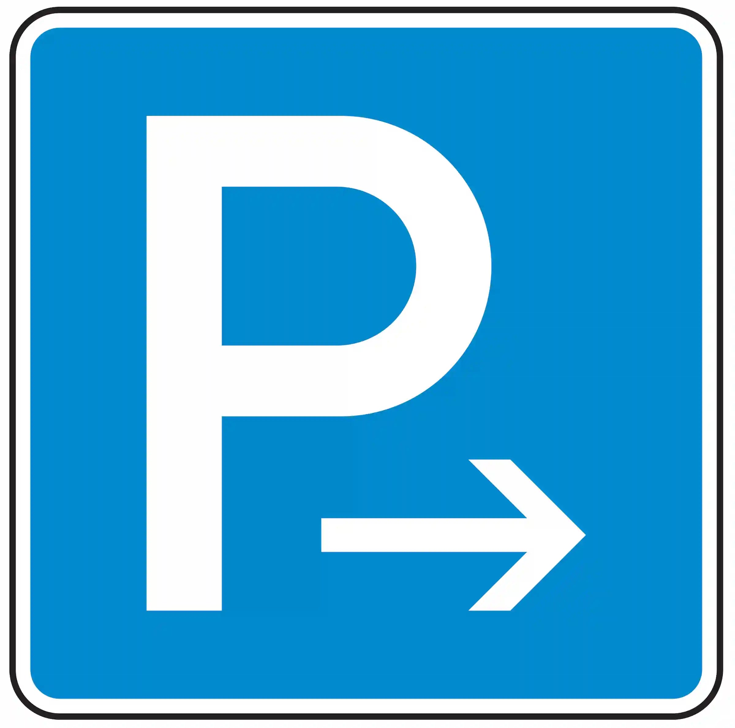 Verkehrszeichen 314-20 – weißes P auf blauem Grund mit Pfeil nach links oder rechts – zeigt je nach Aufstellung den Anfang oder das Ende eines Parkplatzes an; mögliche Einschränkungen durch Zusatzzeichen zu Parkdauer, Fahrzeugtyp oder Parkberechtigung.