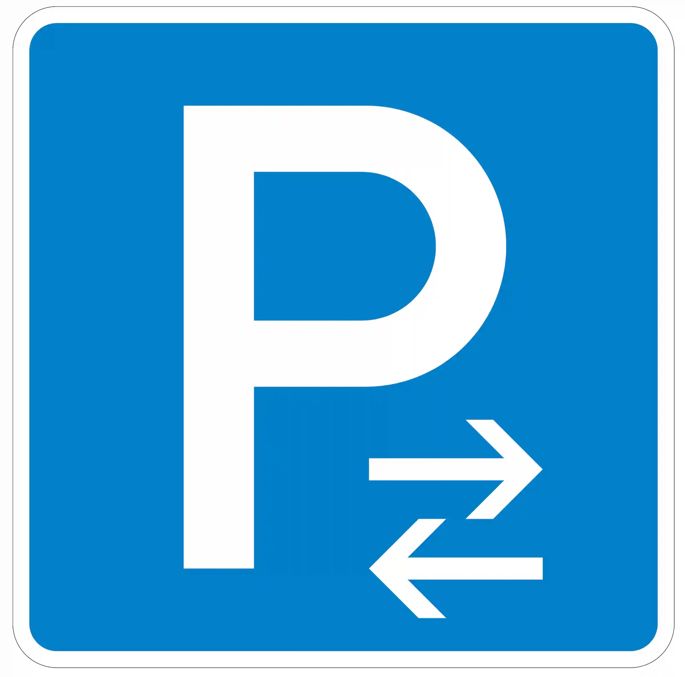 Verkehrszeichen 314-31 – weißes P auf blauem Grund mit waagerechtem Pfeil nach rechts – kennzeichnet die Mitte eines Parkbereichs bei linker Fahrzeugaufstellung; Einschränkungen durch Zusatzzeichen zu Parkdauer, Fahrzeugart oder Parkberechtigung möglich.