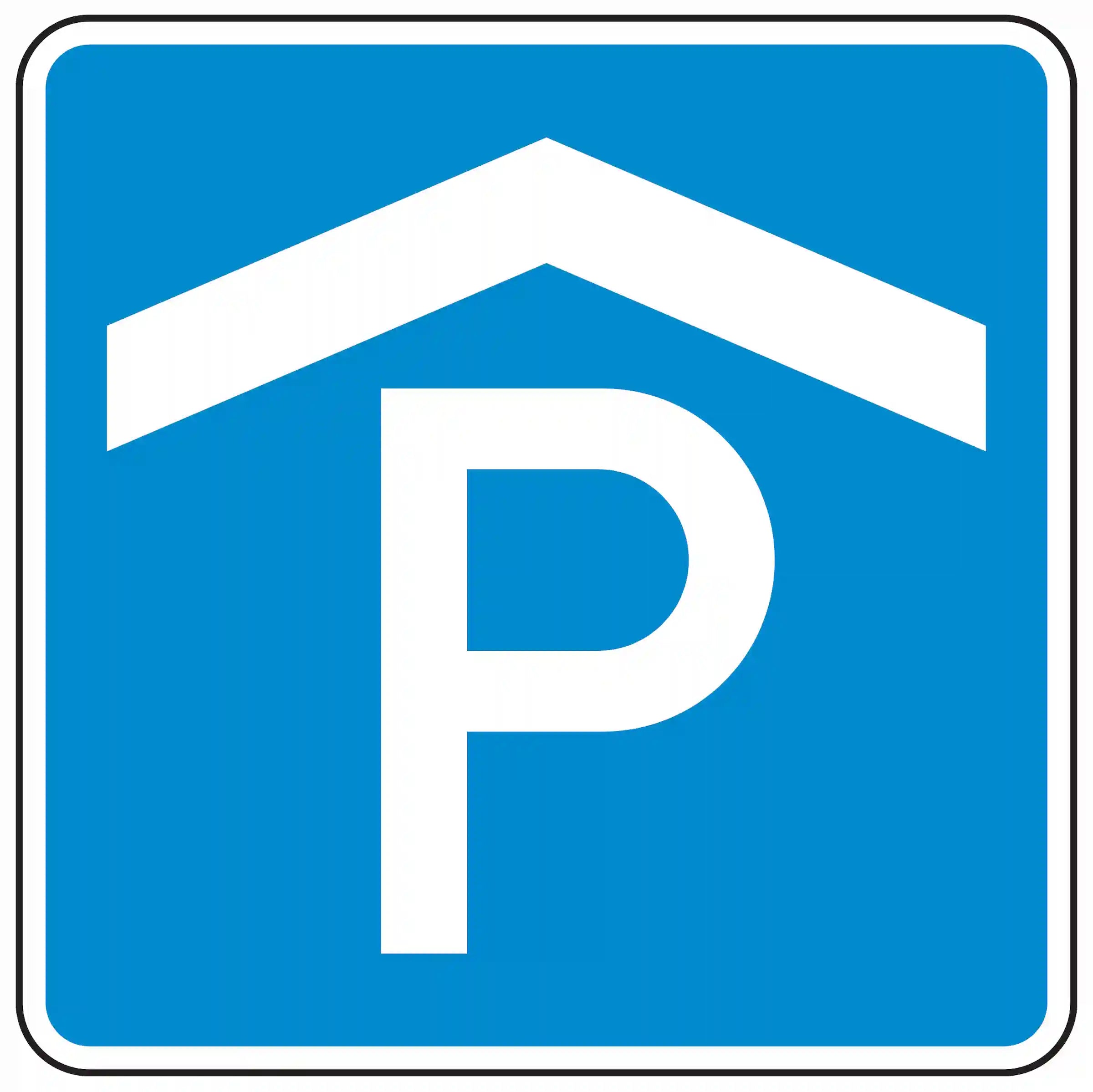 Verkehrszeichen 314-50 – weißes P auf blauem Grund mit stilisiertem Parkhaus-Symbol – weist auf Parkmöglichkeiten in einem Parkhaus oder einer Parkgarage hin; häufig ergänzt durch Zusatzzeichen zur Regelung der Parkerlaubnis.