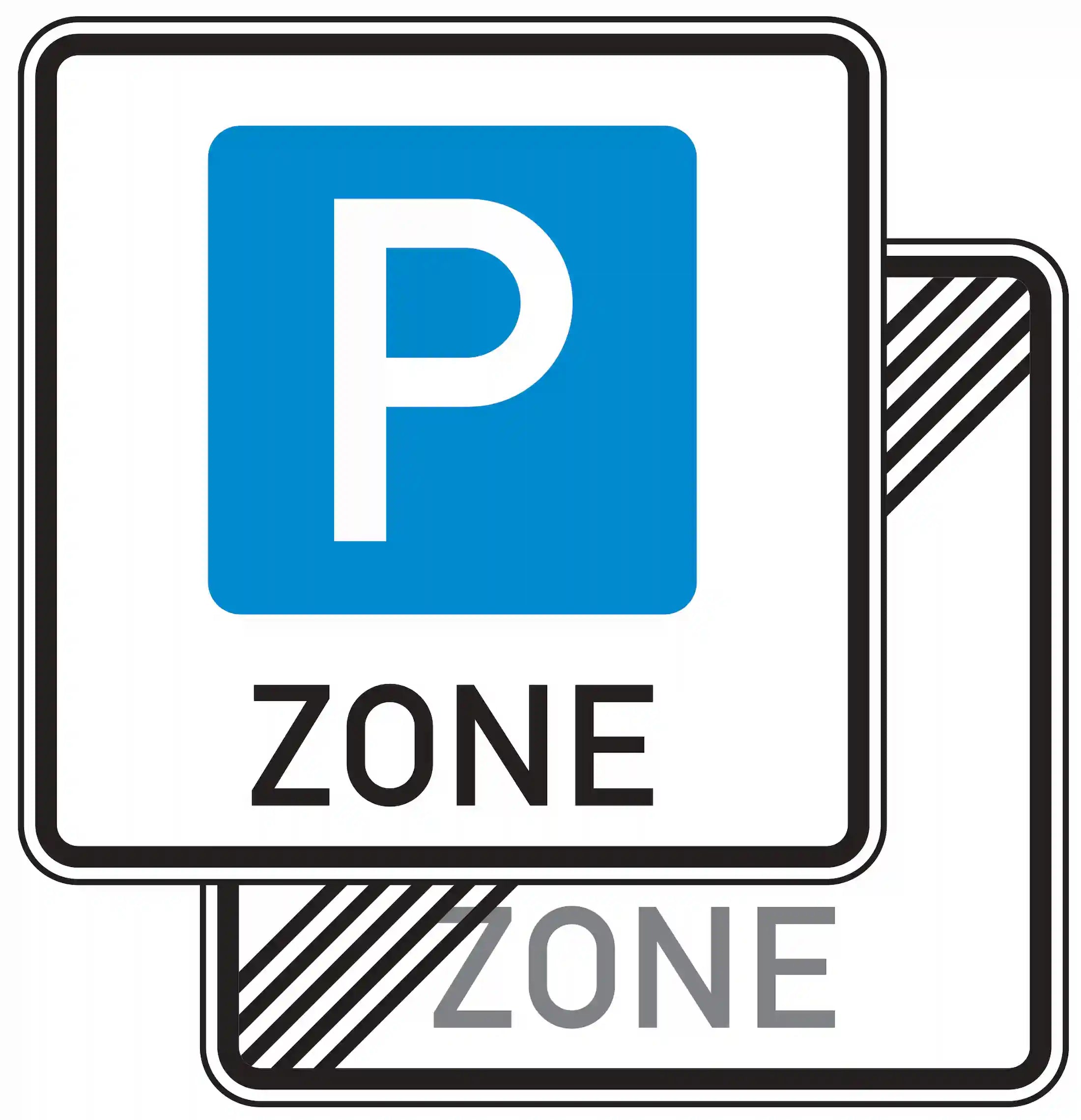 Verkehrszeichen 314.1-40 – doppelseitiges Schild mit vorne Zeichen 314.1 ‚Beginn einer Parkraumbewirtschaftungszone‘ und hinten Zeichen 314.2 ‚Ende der Parkraumbewirtschaftungszone‘; erlaubt das Parken innerhalb der Zone nur mit Parkschein oder Parkscheibe, sofern kein Parkverbot besteht.