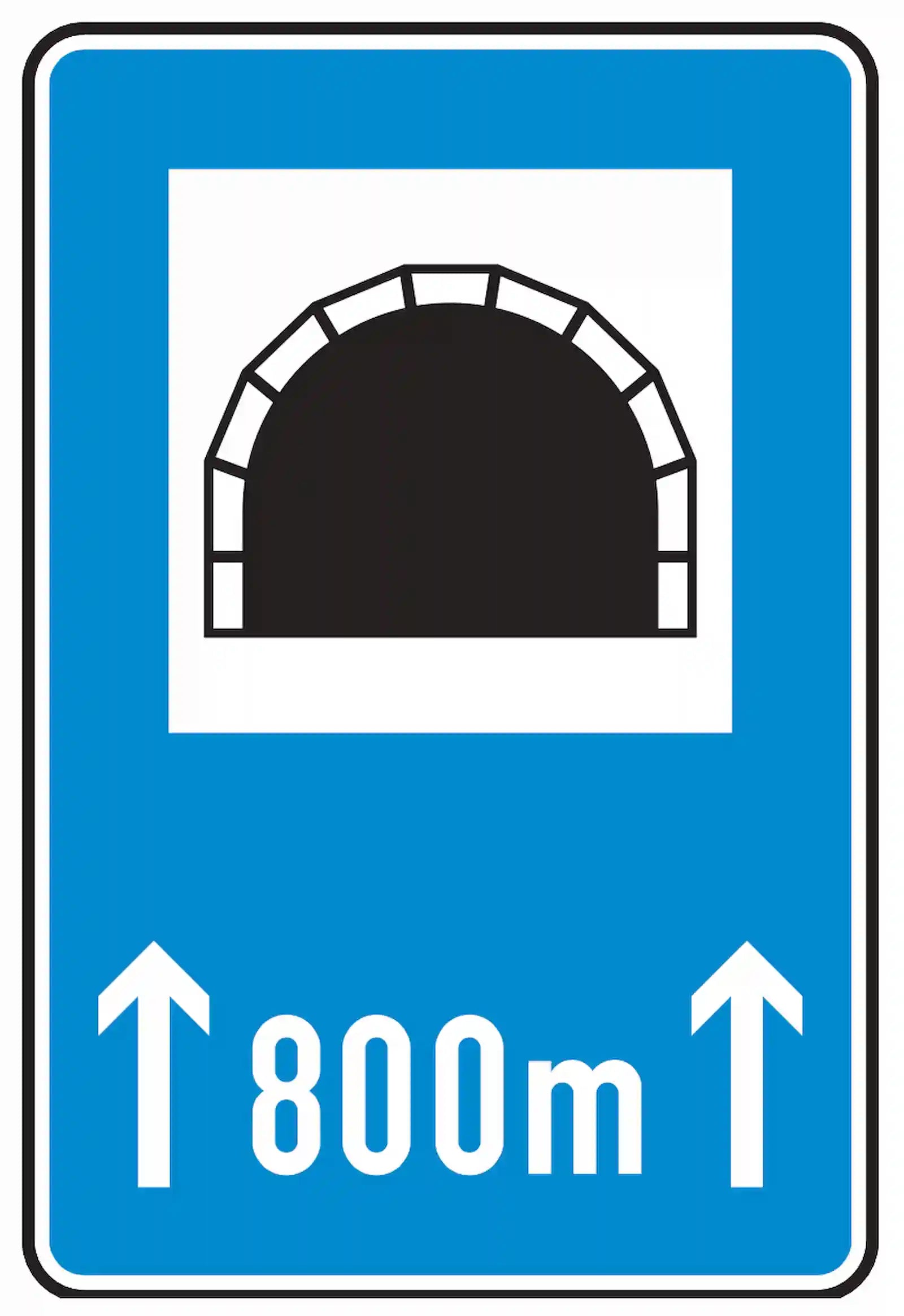 Verkehrszeichen 327-50: Tunneldurchfahrt mit Längenangabe, Abblendlicht Pflicht.