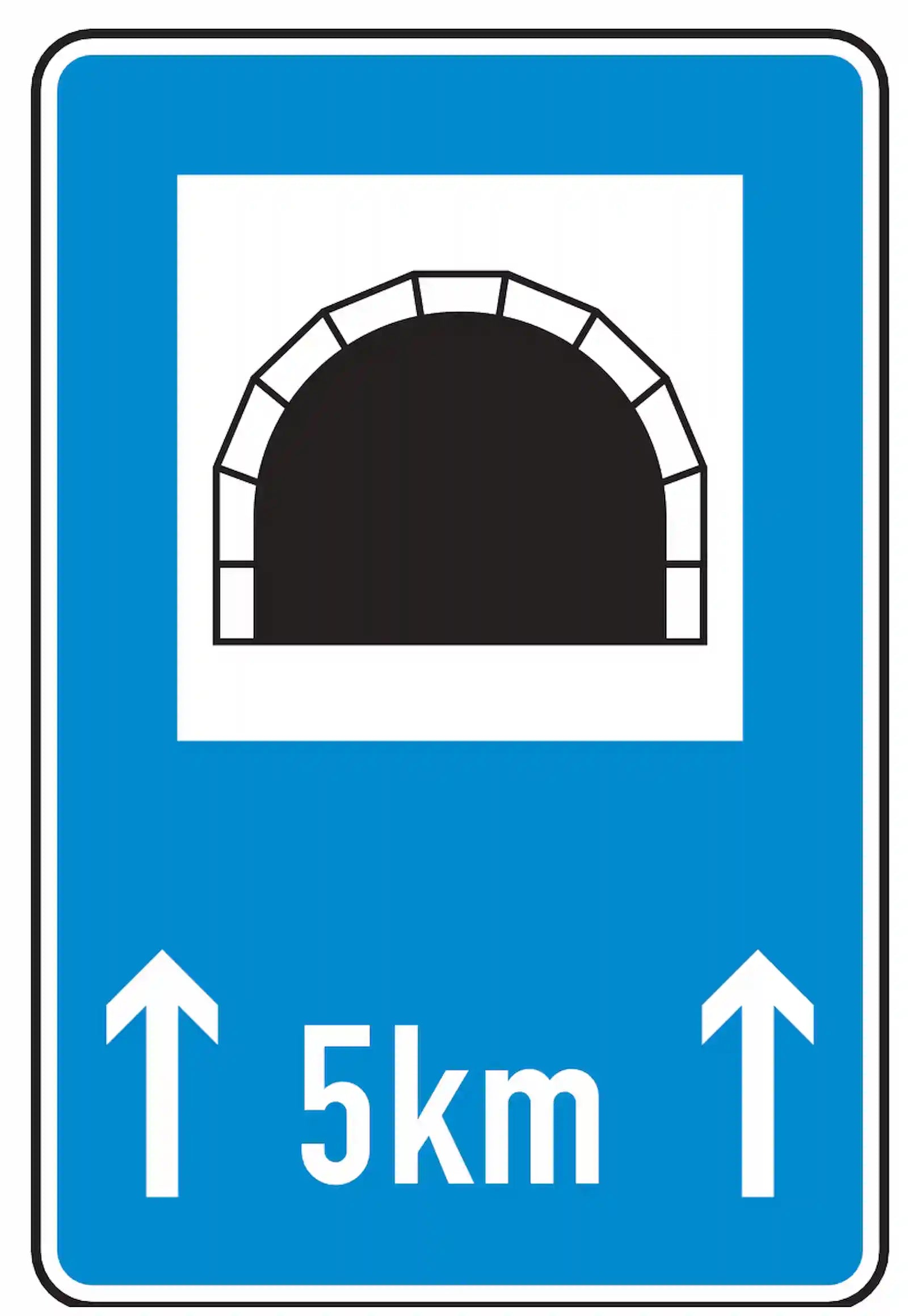 Verkehrszeichen 327-51: Tunnel mit Kilometerangabe, Abblendlicht erforderlich.