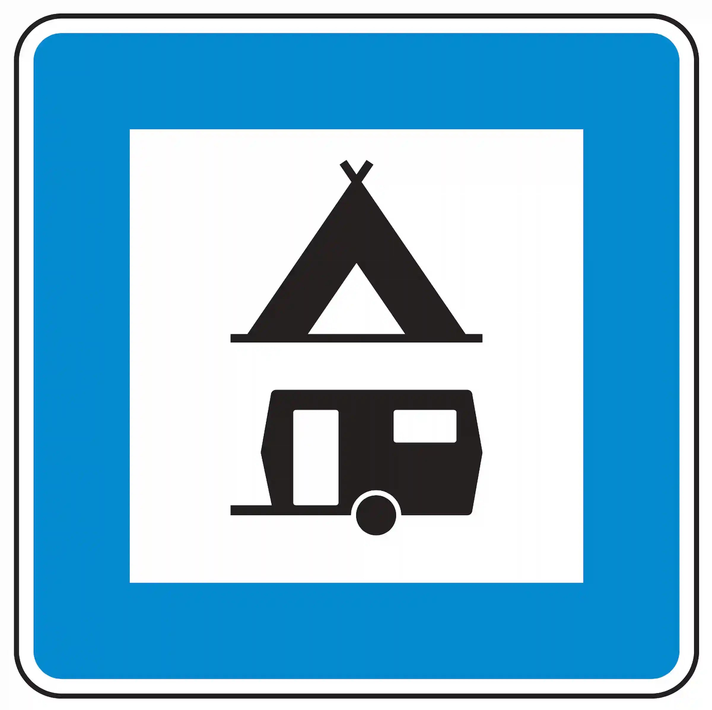 Verkehrszeichen 365-60: Hinweis auf Zelt- und Wohnwagenplatz.