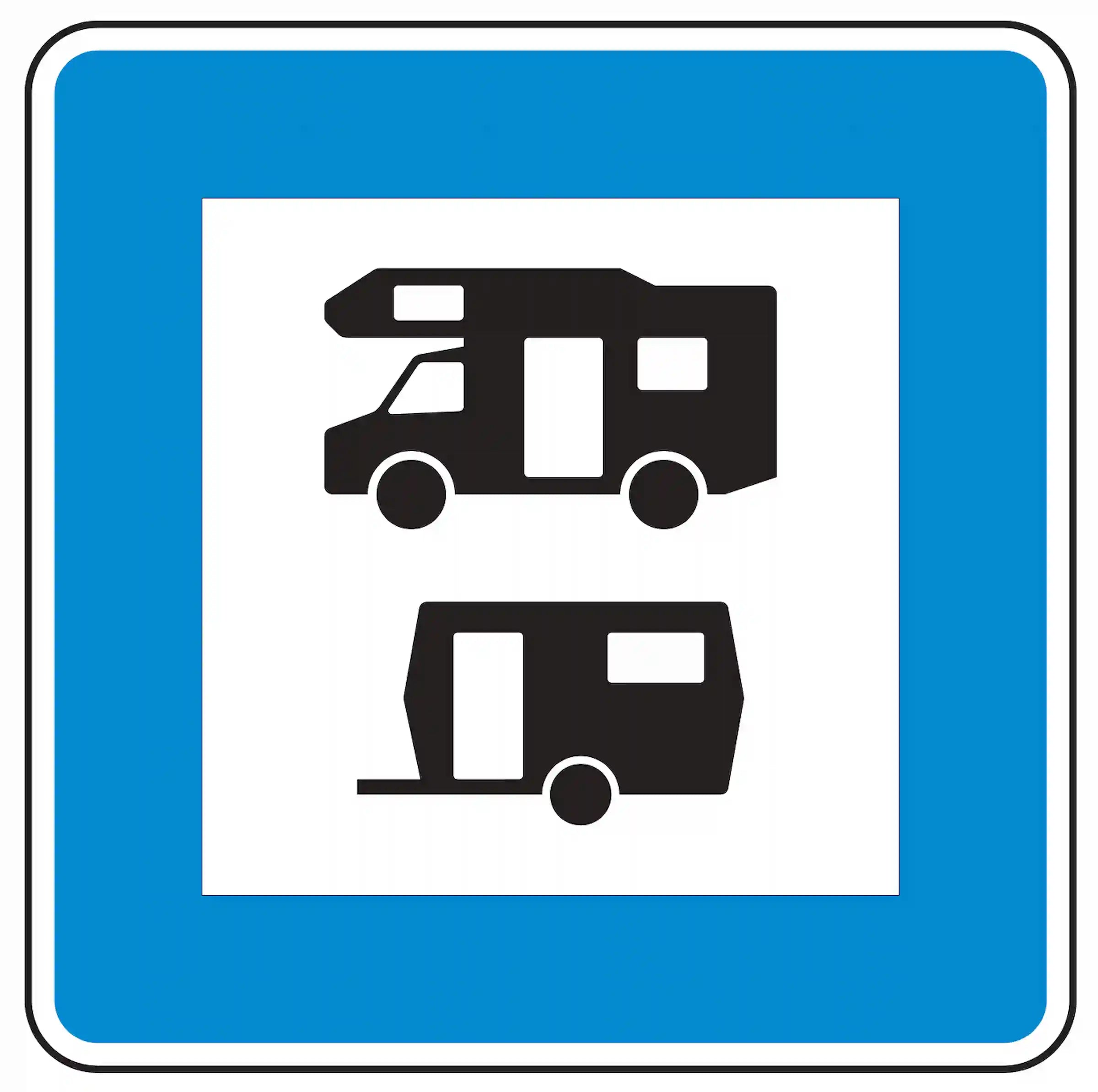 Verkehrszeichen 365-68: Hinweis auf Wohnmobil- und Wohnwagenstellplatz.