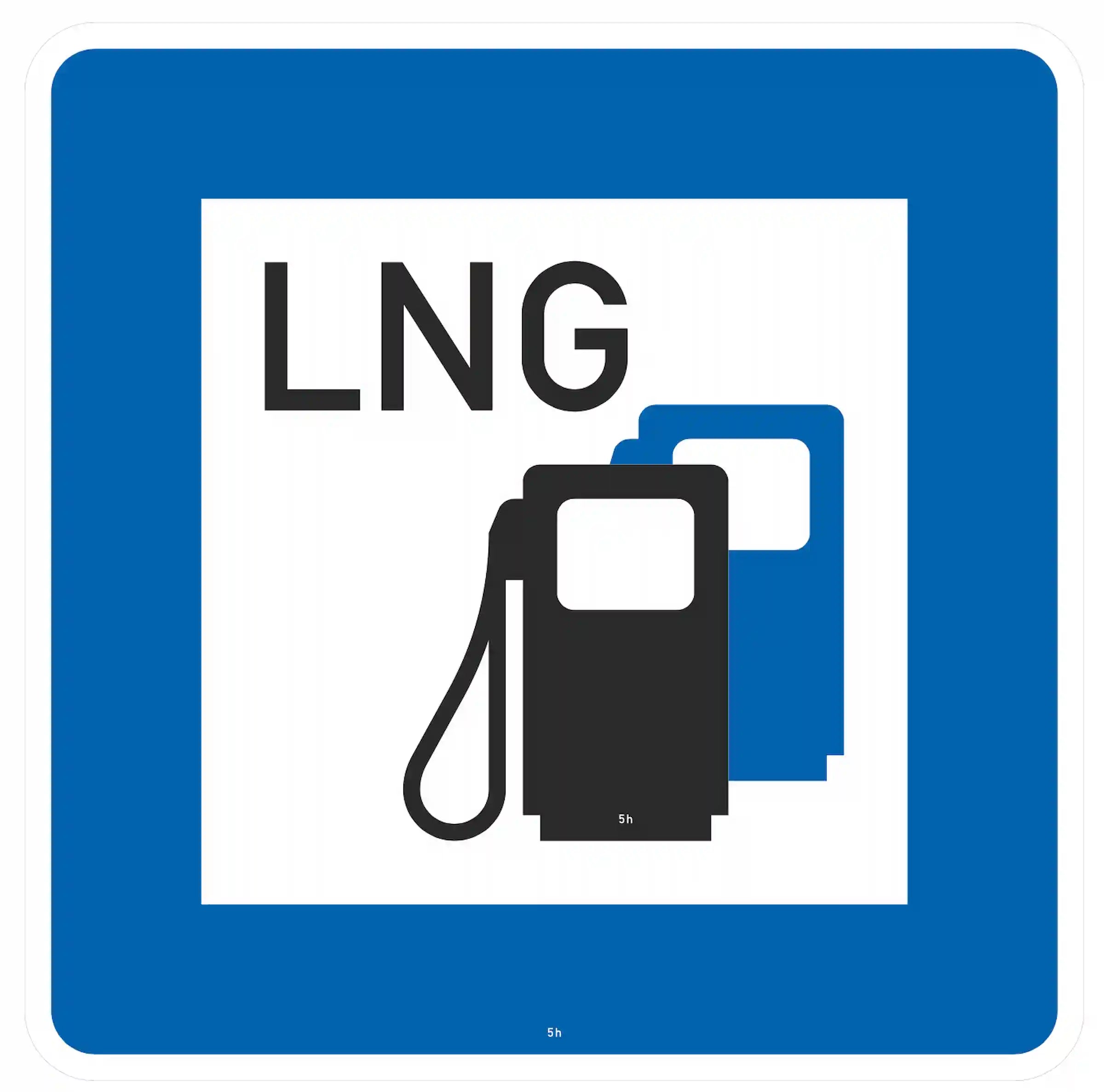 Verkehrszeichen 365-69: Hinweis auf Flüssigerdgas-Tankstelle (LNG).