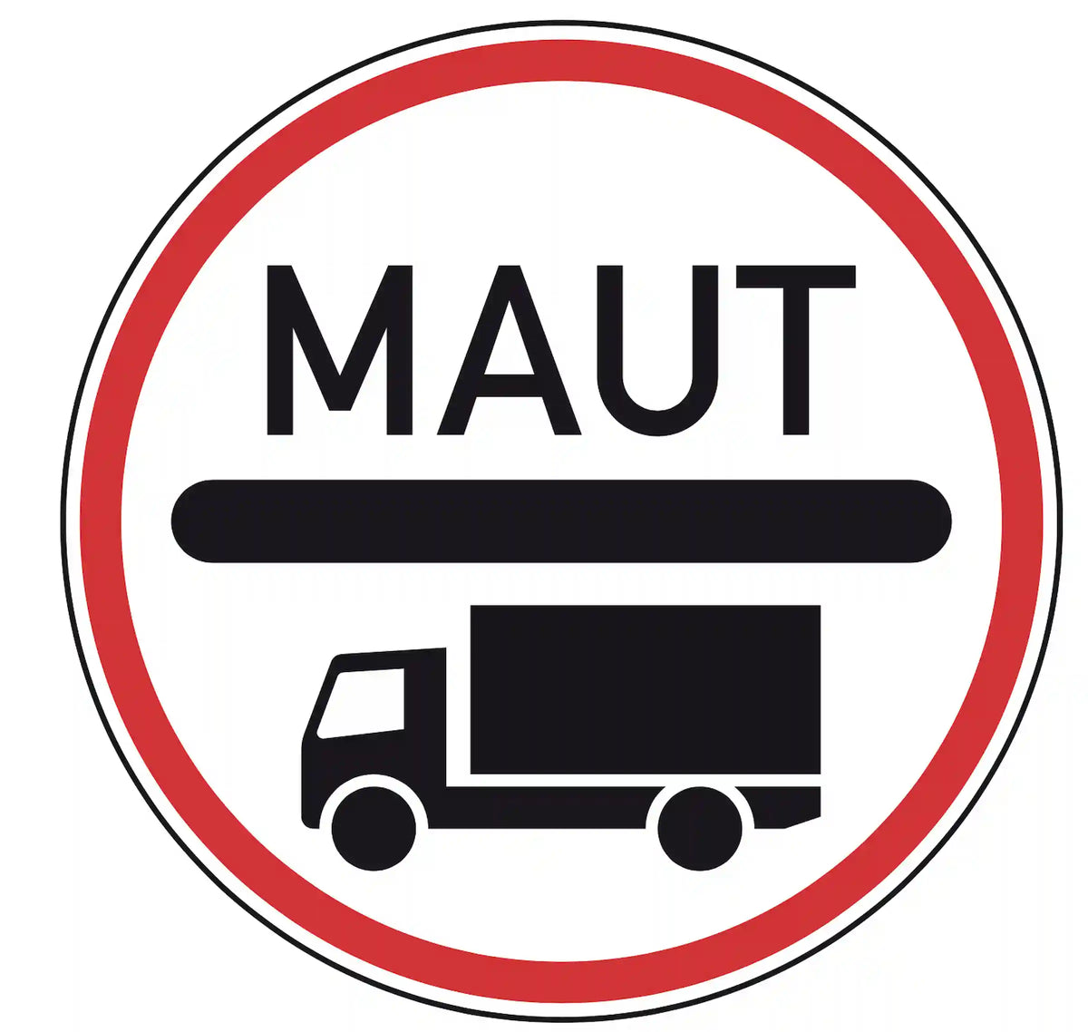 Verkehrszeichen 390: blaues Rechteckschild mit Lkw-Symbol & ‚Maut‘ – mautpflichtige Strecke.