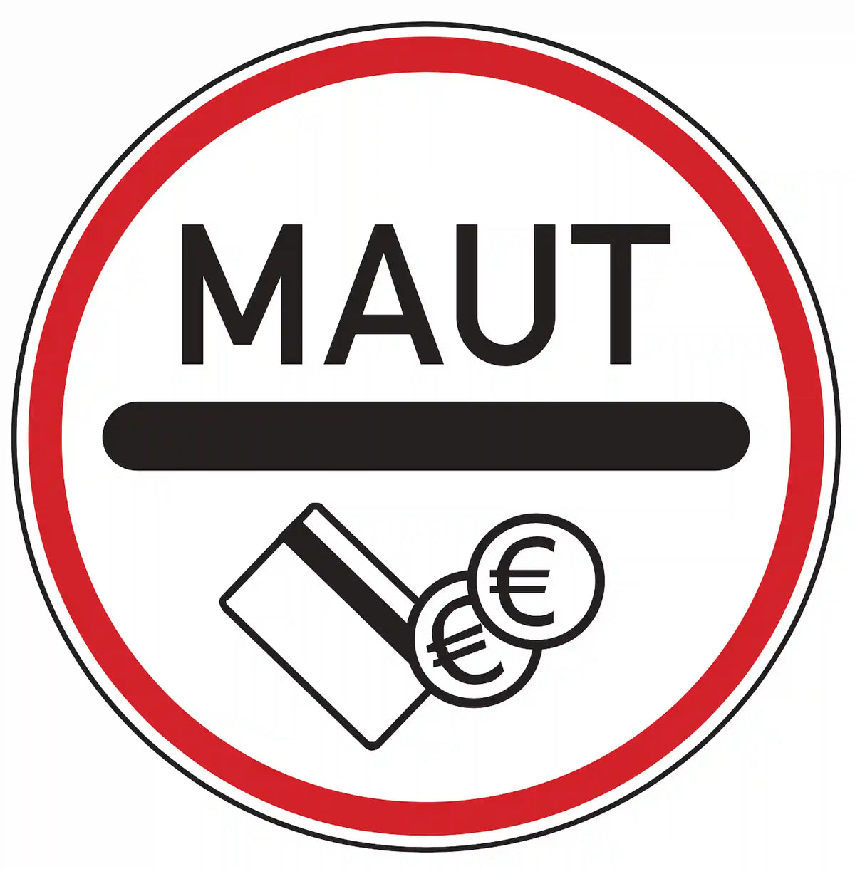 Verkehrszeichen 391: blaues Rechteckschild, Pkw + Münze – mautpflichtiger Streckenabschnitt.