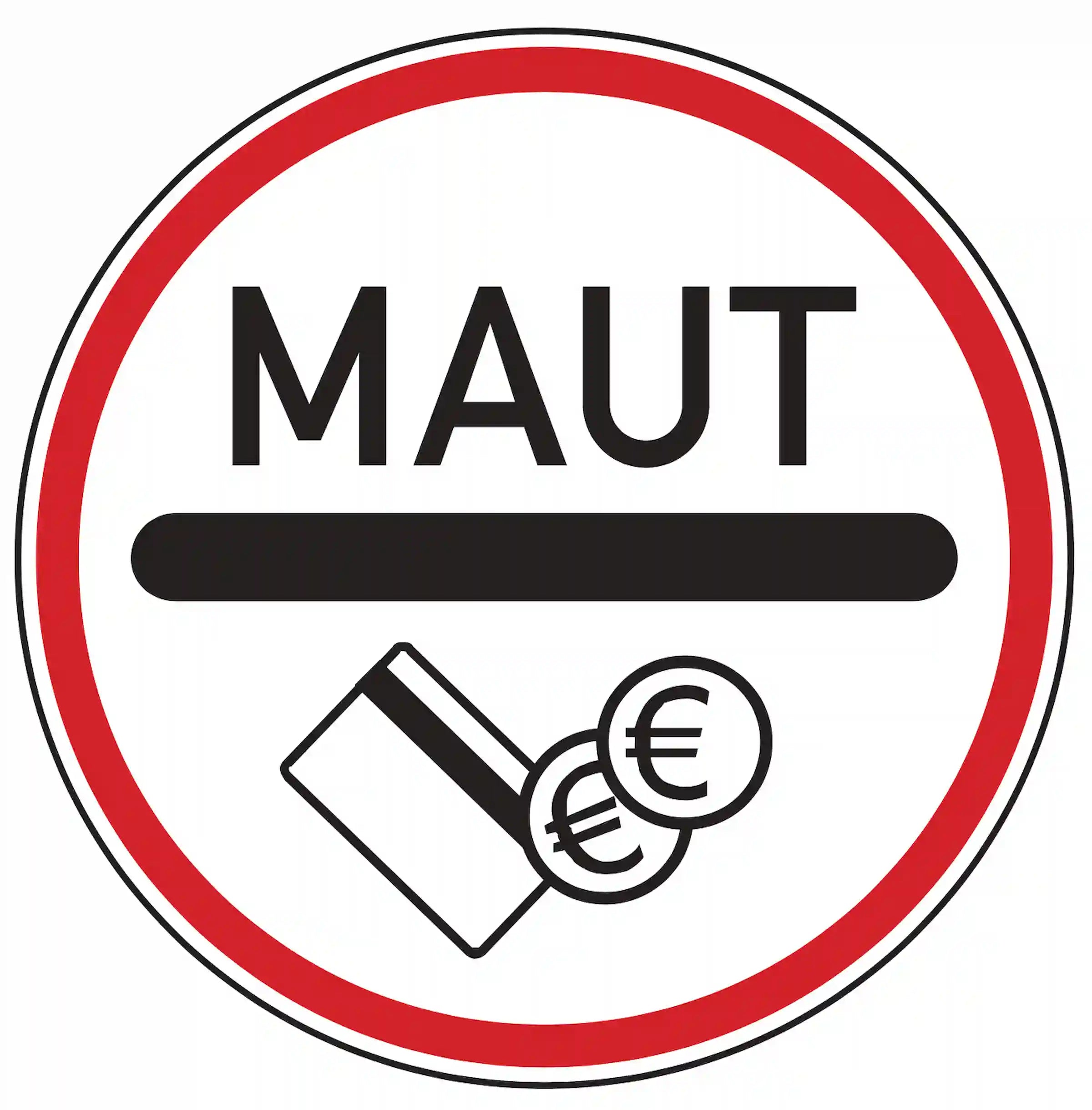 Verkehrszeichen 391: blaues Rechteckschild, Pkw + Münze – mautpflichtiger Streckenabschnitt.