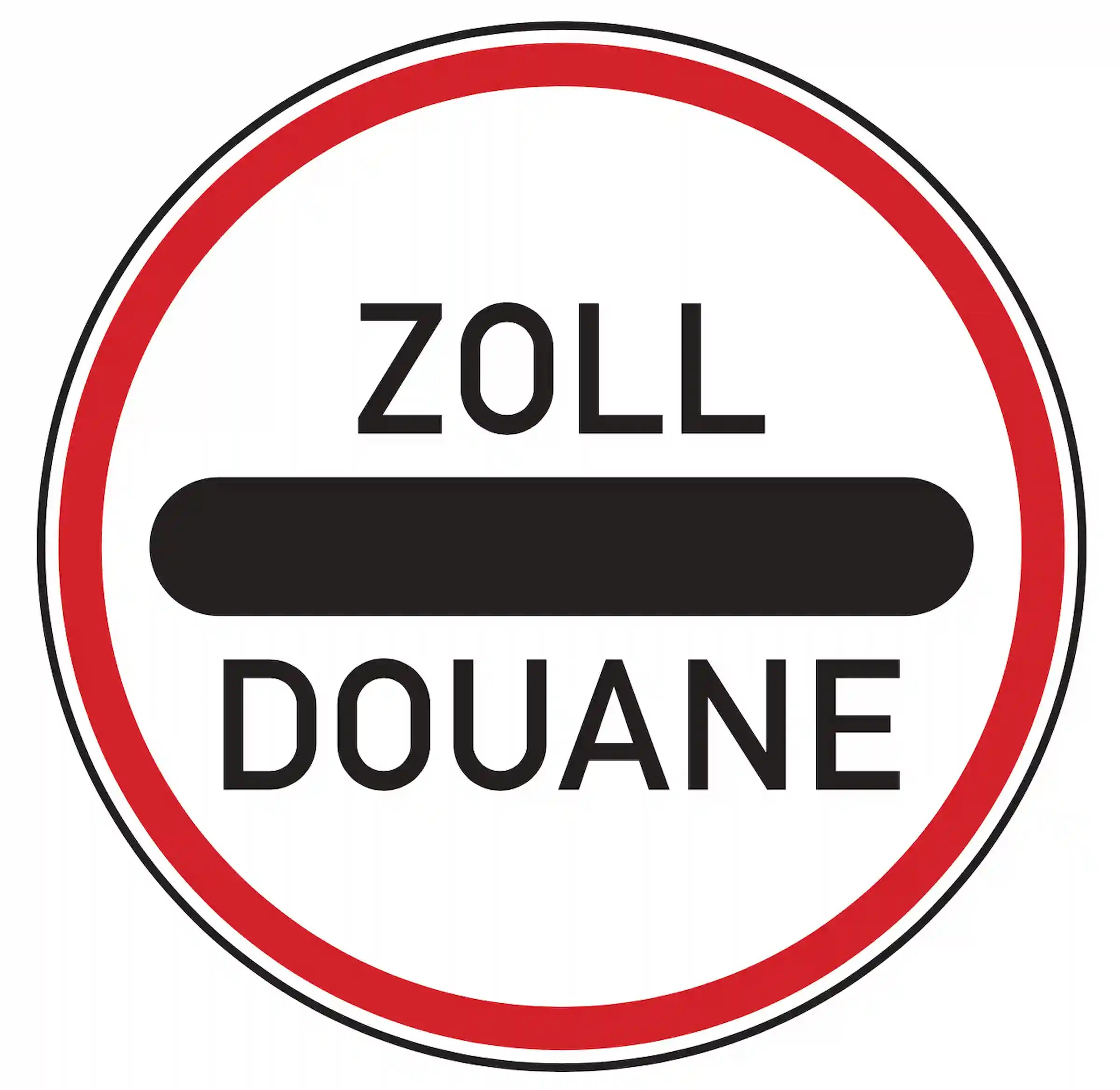 Verkehrszeichen 392: blaues Rechteckschild mit Zollhaus-Symbol – weist auf bevorstehende Zollstelle hin.