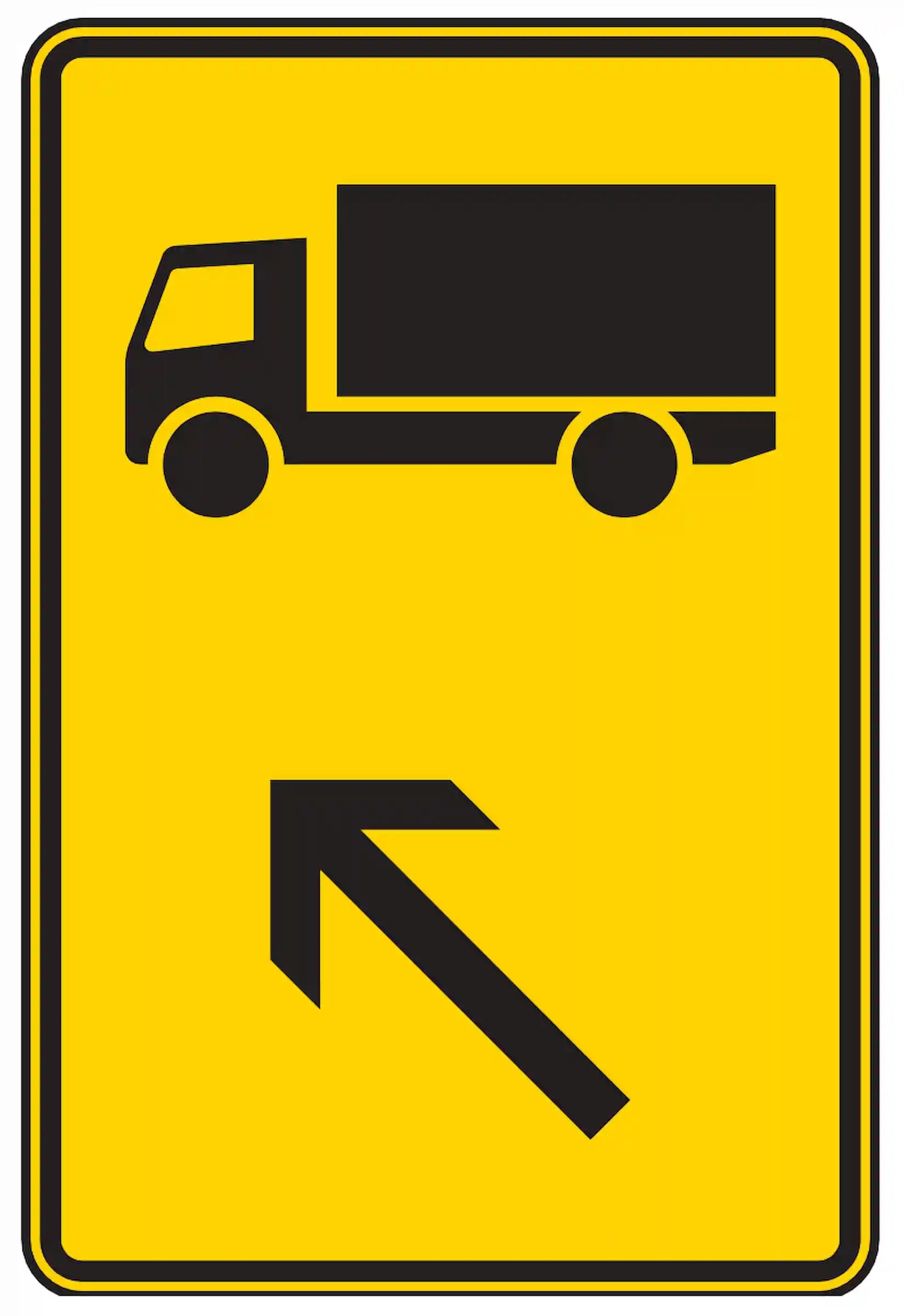 Verkehrszeichen 422-11: Für Fahrzeuge über 3,5 t – links einordnen zur Umleitung.
