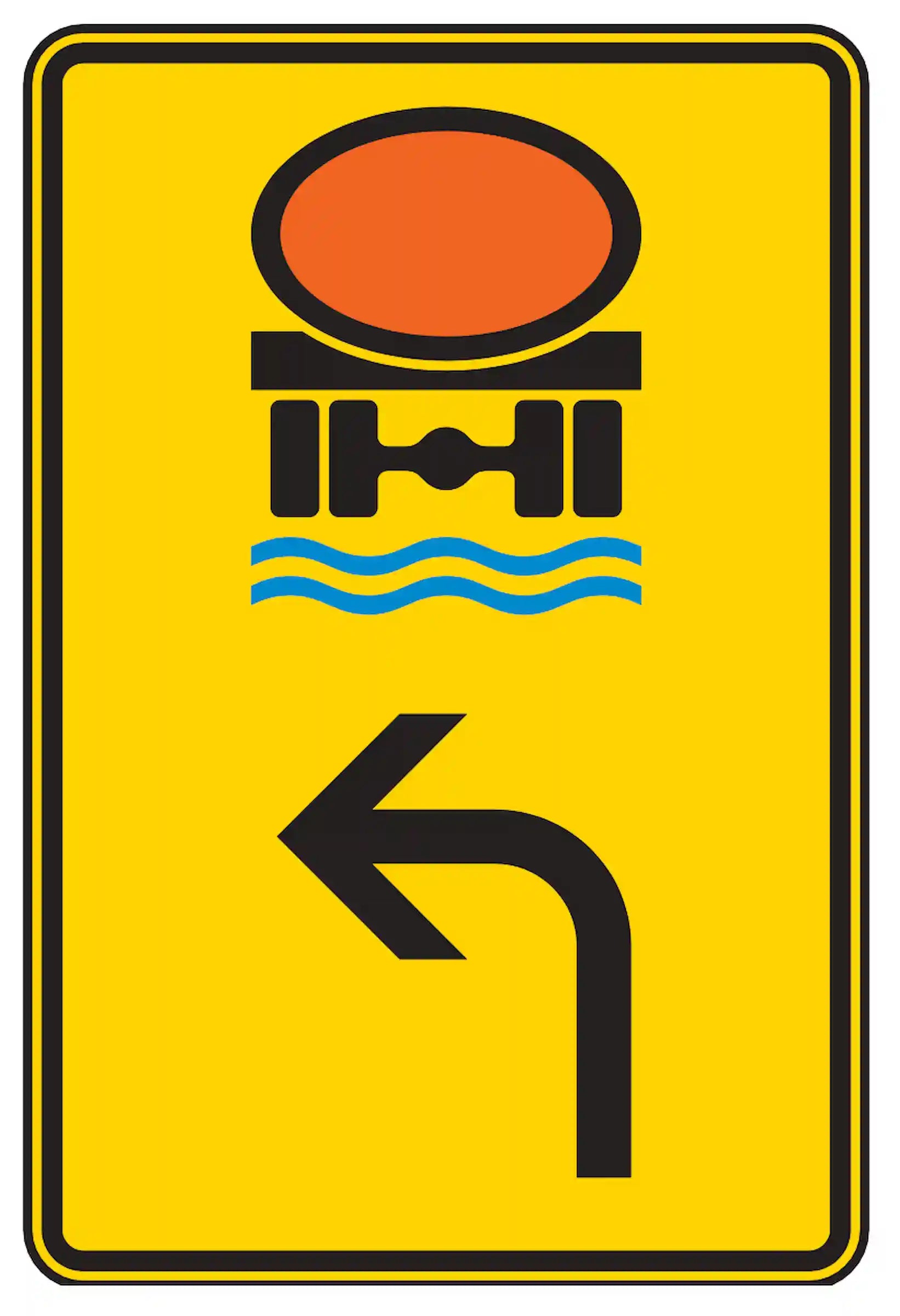 Verkehrszeichen 442-12: Umleitung für Fahrzeuge mit wassergefährdender Ladung nach links.