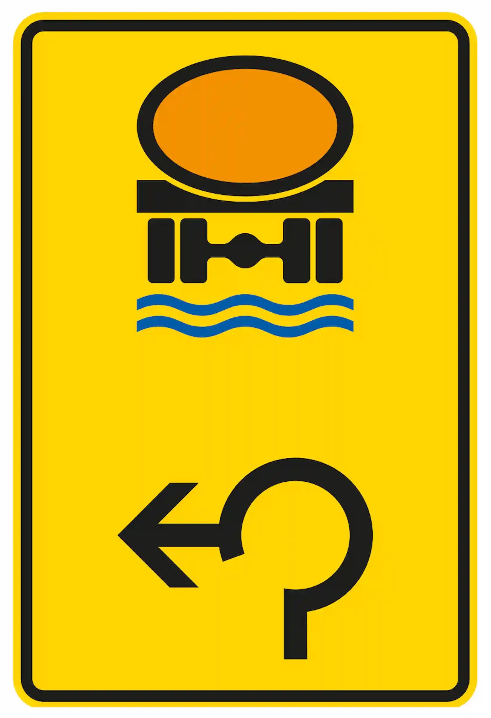 Verkehrszeichen 442-16: Umleitung im Kreisverkehr für wassergefährdende Ladung, Ausfahrt links.