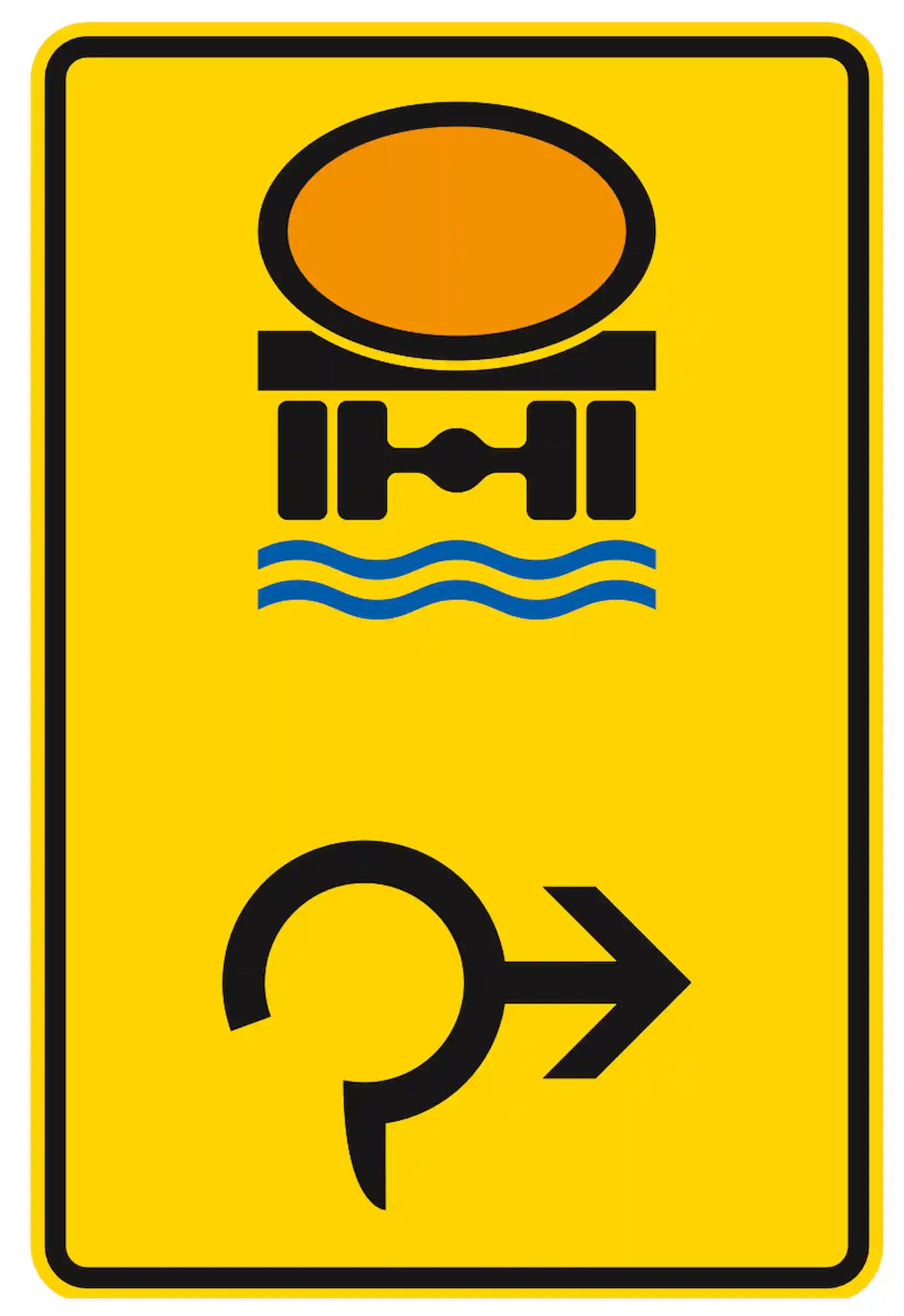 Verkehrszeichen 442-26: Umleitung im Kreisverkehr für wassergefährdende Ladung, Ausfahrt rechts.