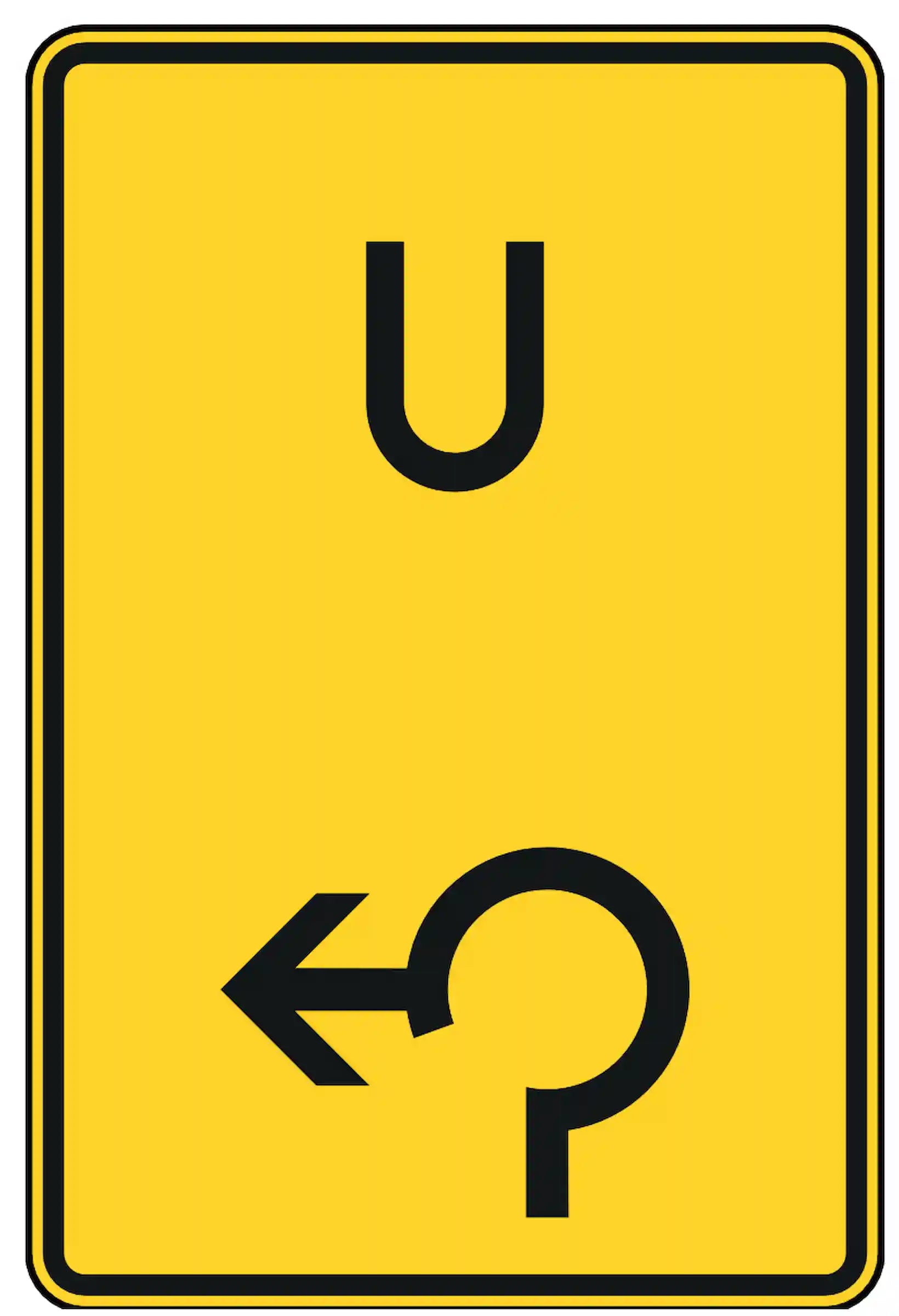 Verkehrszeichen 455.1-13: Gelbes rechteckiges Schild mit schwarzem Kreisverkehr-Symbol und einem schwarzen Pfeil, der im Kreis nach links weist – zeigt die Fortsetzung einer Umleitung über einen Kreisverkehr in linker Richtung an.