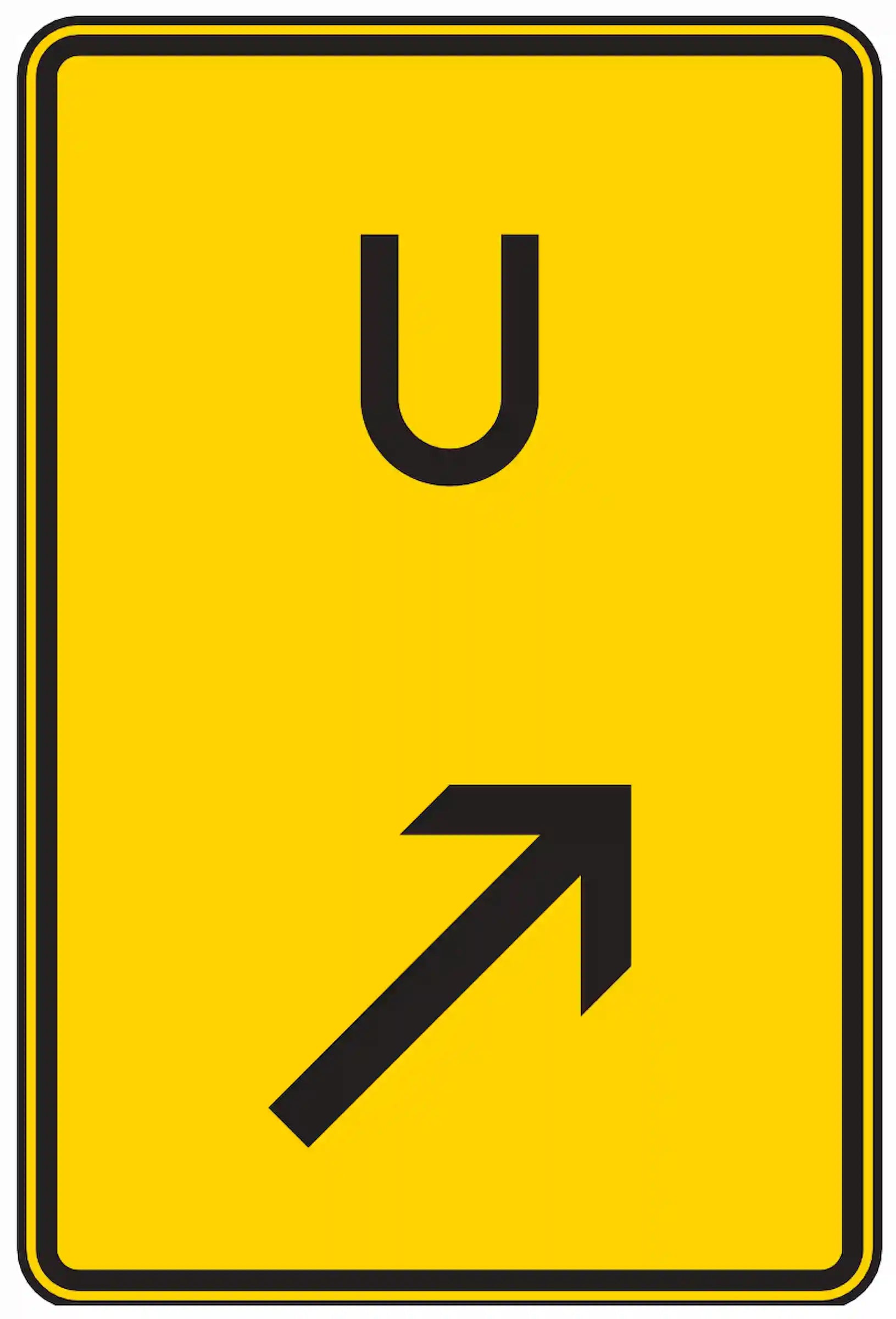 Verkehrszeichen 455.1-22: Gelbes rechteckiges Schild mit schwarzem Richtungspfeil nach rechts unten – zeigt an, dass sich Fahrzeuge rechts einordnen müssen, um der Umleitung zu folgen.
