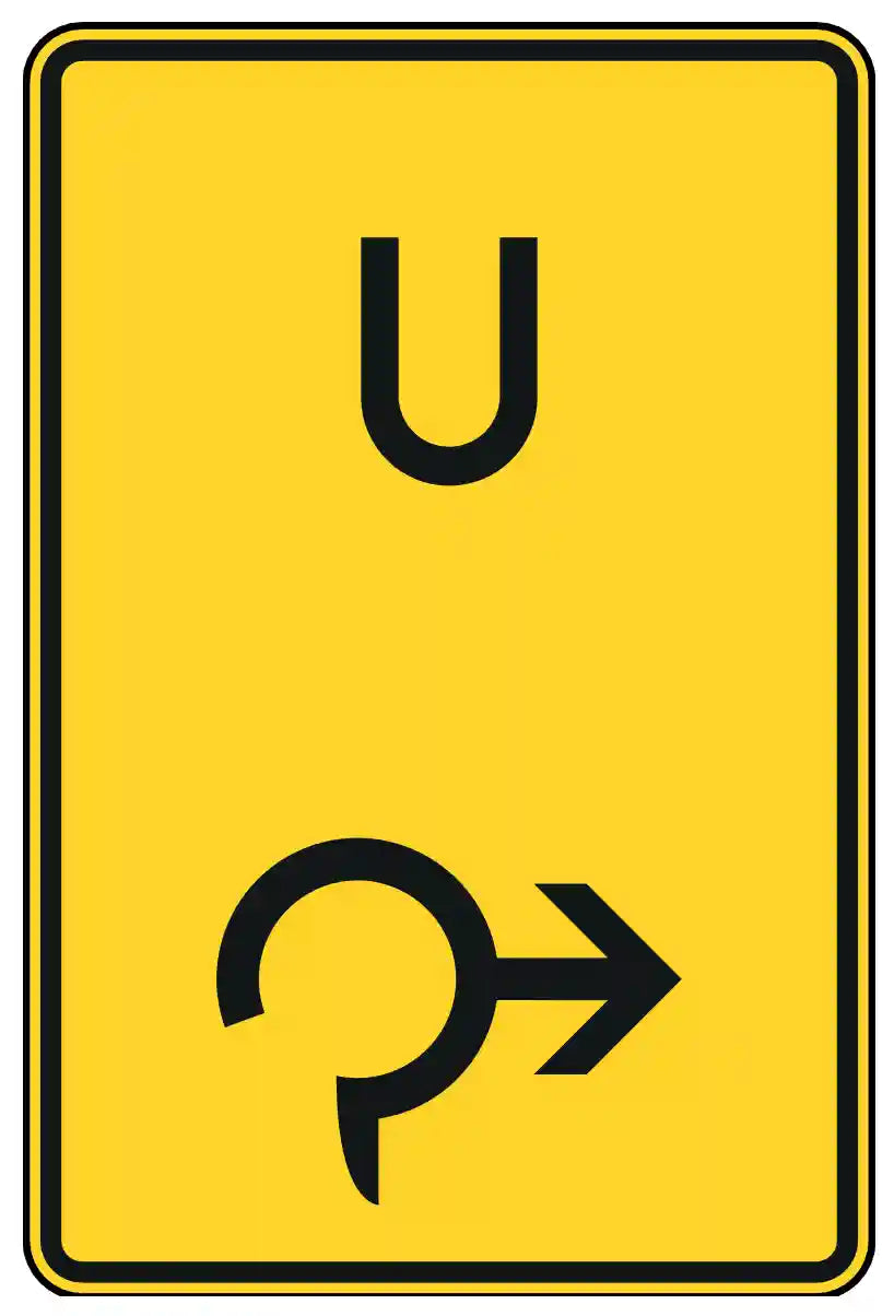 Verkehrszeichen 455.1-23: Gelbes rechteckiges Schild mit schwarzem Pfeil, der nach rechts unten zeigt – zeigt an, dass sich Fahrzeuge zur Umleitung rechts einordnen müssen.