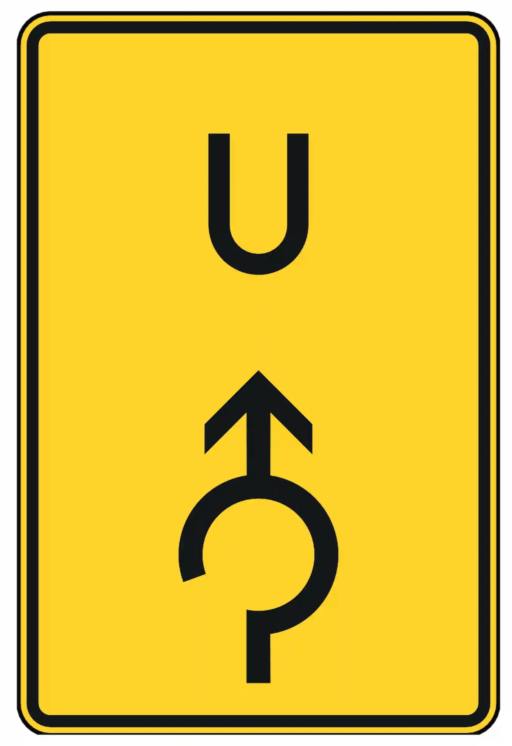 Verkehrszeichen 455.1-31: Gelbes rechteckiges Schild mit schwarzem Symbol eines Kreisverkehrs und Pfeil geradeaus – weist auf die Fortsetzung einer Umleitung durch den Kreisverkehr in Geradeausrichtung hin.