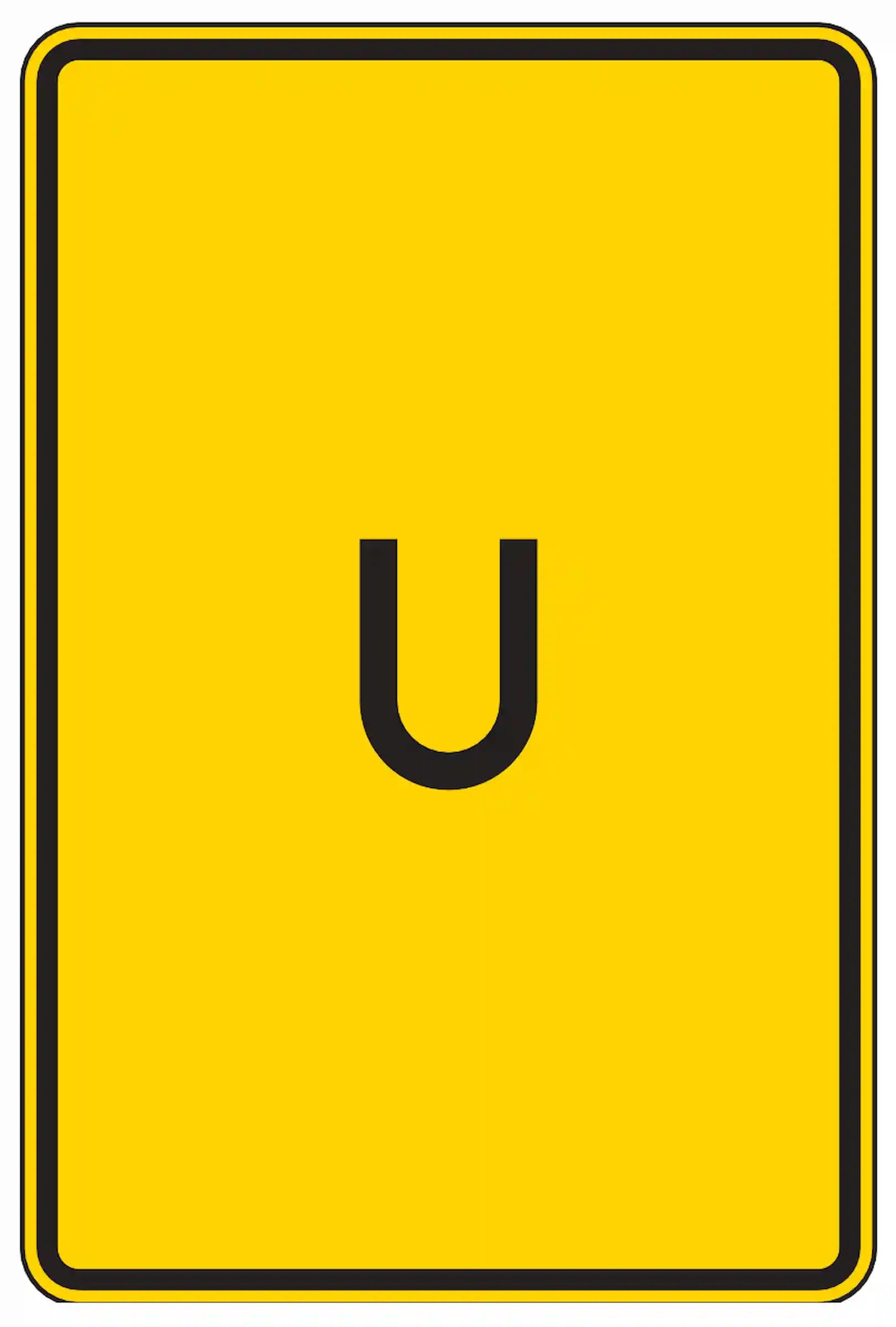 Verkehrszeichen 455.1-50: Gelbes rechteckiges Schild mit schwarzem Kreis und schwarzem Buchstaben 'U' – zeigt allgemein eine Umleitung an, ohne Richtungsangabe durch Pfeilsymbol.
