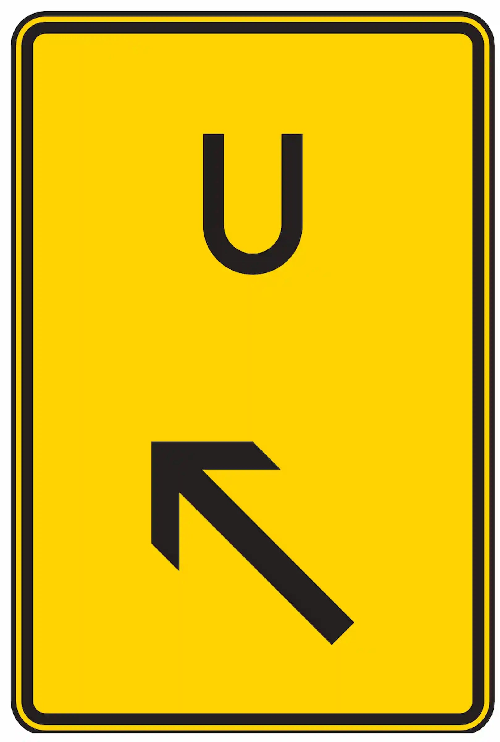 Verkehrszeichen 455.1-12: Gelbes rechteckiges Schild mit schwarzem Pfeil schräg nach links oben und schwarzem 'U' – weist darauf hin, sich links einzuordnen zur Fortsetzung einer Umleitung.