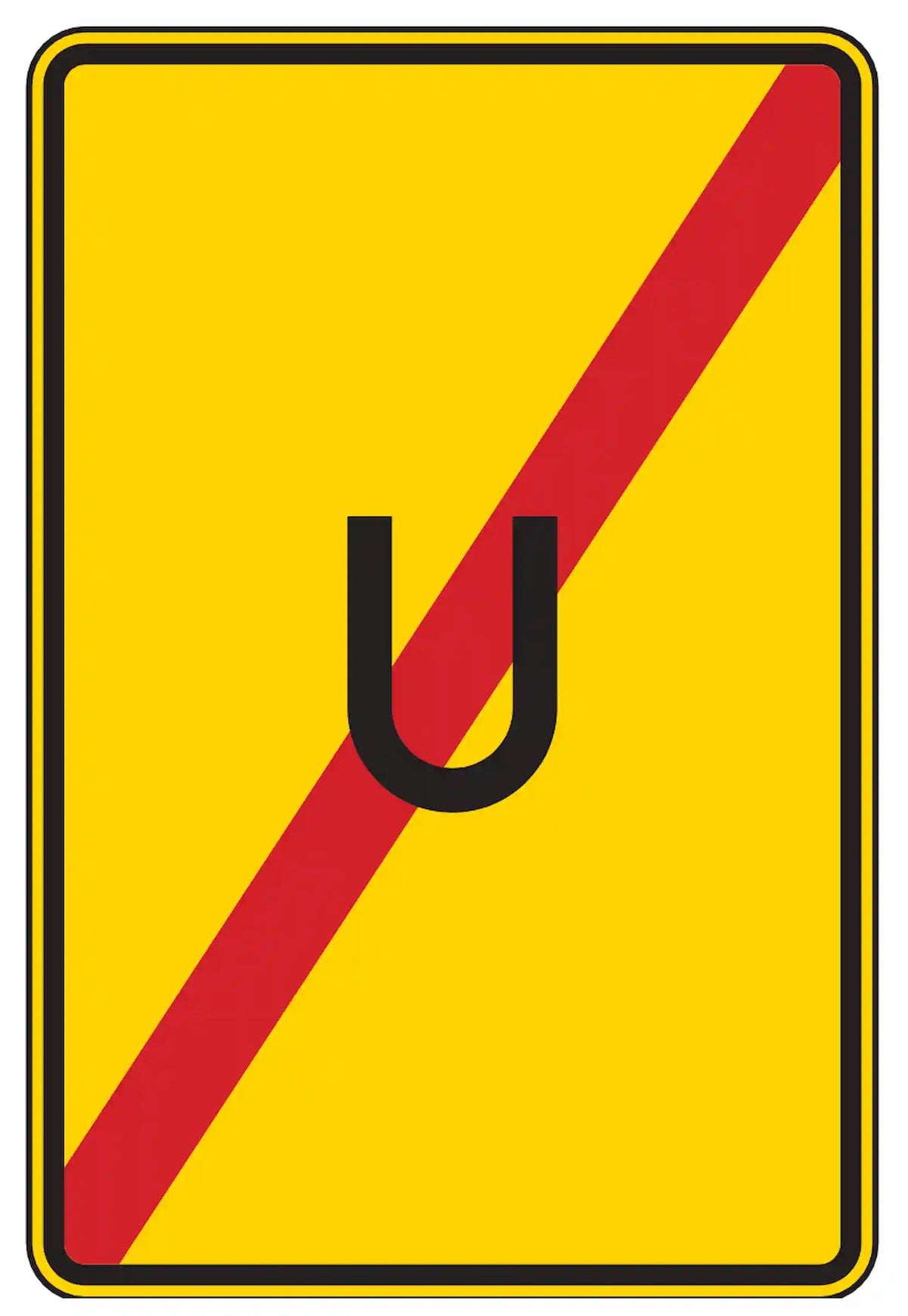 Verkehrszeichen 455.2: Gelbes rechteckiges Schild mit durchgestrichenem schwarzem Kreis und schwarzem Buchstaben 'U' – zeigt das Ende einer Umleitung an.